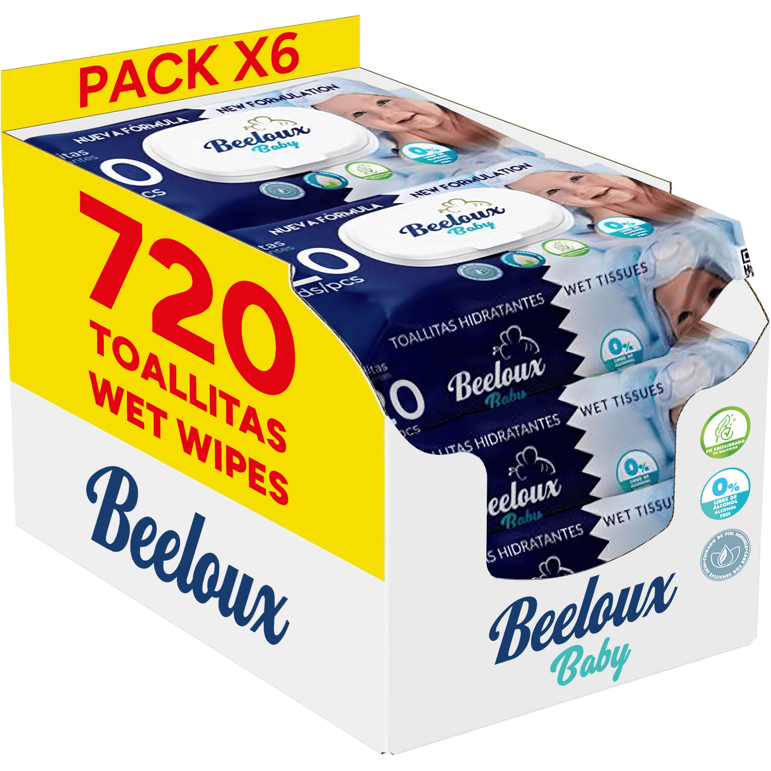 Beeloux Toallitas Bebé, Toallitas Húmedas Cuidado e Hidratación Profunda, Fibras Ultrasuaves ideales para Piel Sensible y de Bebé, Perfume Fresco y Cítrico, 6 Packs de 120 Toallitas, 720 Toallitas