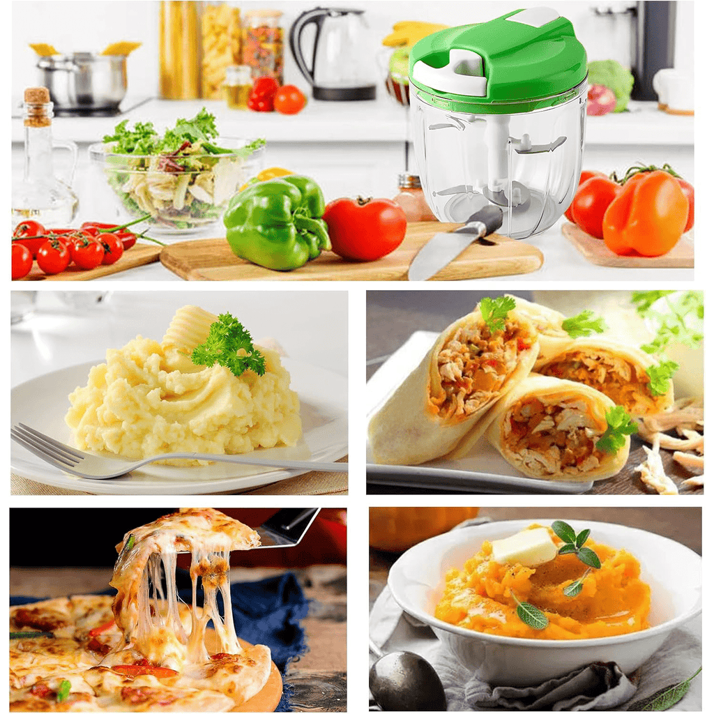 Picadora de Alimentos, Picadora Manual de Cocina, 900ml de Capacidad, Trocea, Mezcla, Machaca y Muele, 5 Cuchillas de Acero Inoxidable, Resistente, Fácil de Limpiar, Perfecto para Fruta, Verdura, Carne, Hierbas