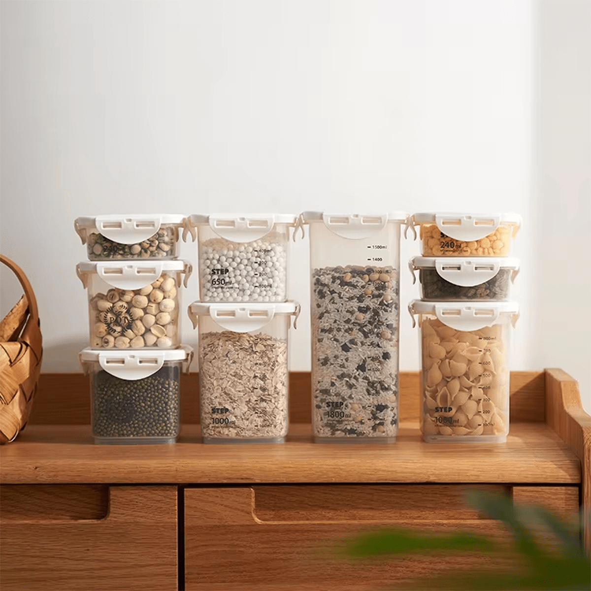Recipientes Almacenamiento Cocina, Set de 4 Recipientes de Botes Cocina Almacenaje de Plástico, Capacidad para 240ml, 650ml, 1000ml y 2200ml, Cierre Hermético con Tapa, Apilables