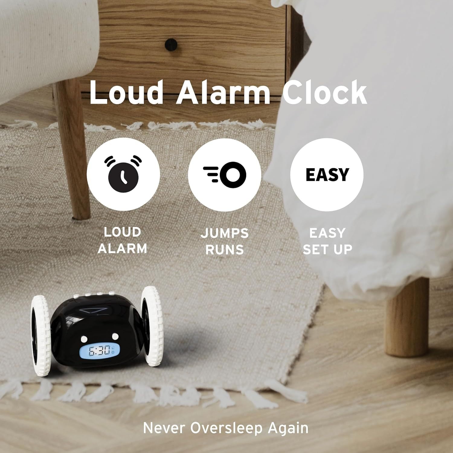 Reloj Despertador Ruedas, Reloj Despertador Muy Ruidoso perfecto para Dormilones con Sueño Profundo, Despertador Digital con Movimiento, Funciona con 4 Pilas AAA (No Incl.)