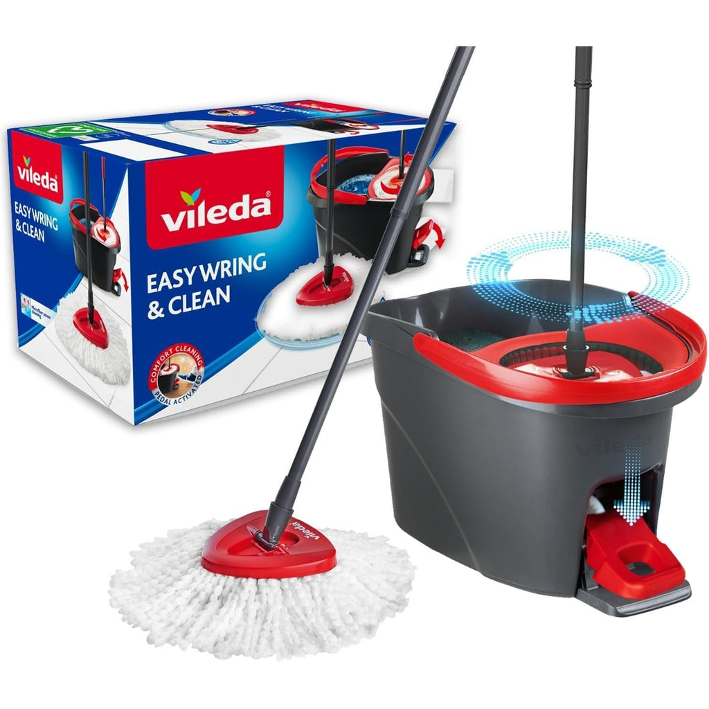Vileda Set Fregona y Cubo de Limpieza con Pedal y Escurrefácil Giratorio, Fregona con Mango Extra Largo, Cabezal Triangular de Microfibra ideal Para los Rincones