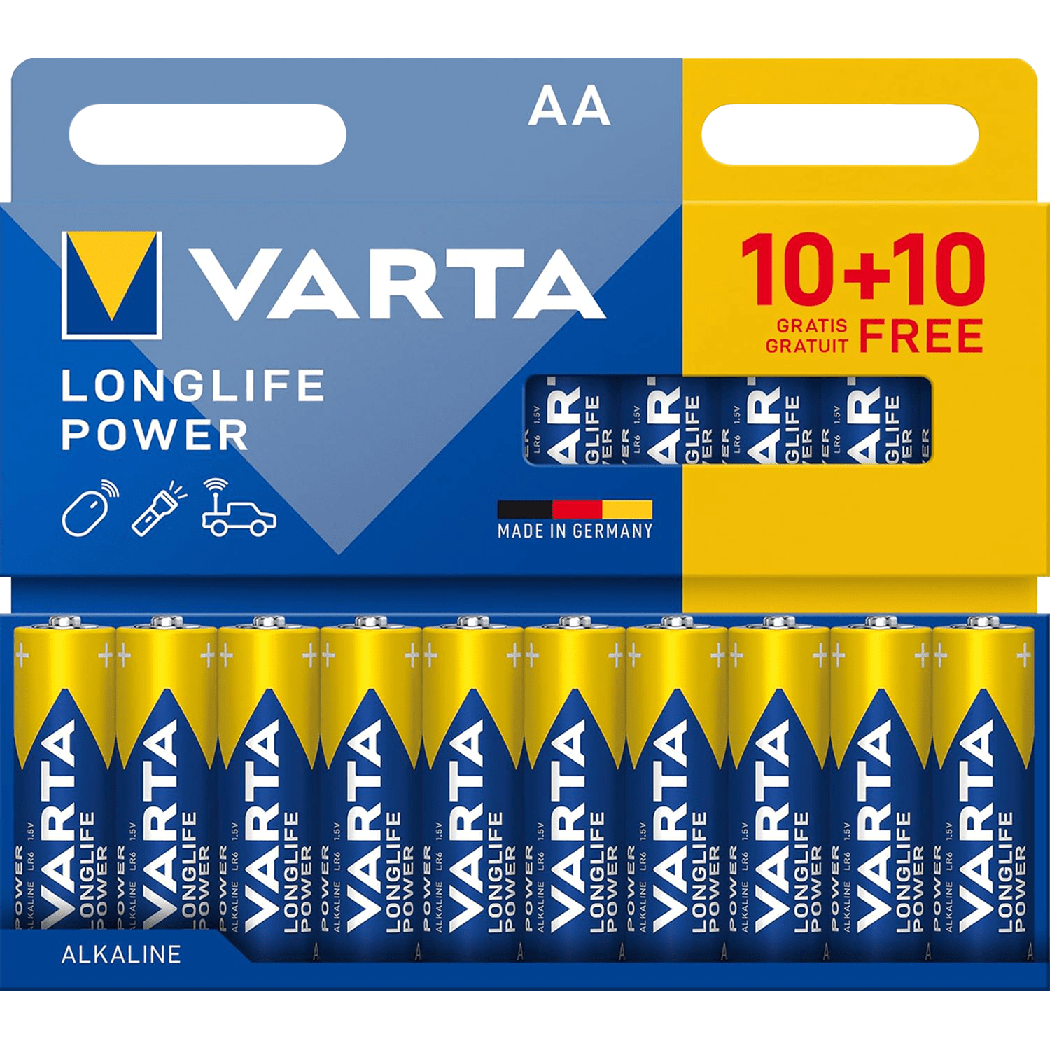 Pilas AA Alcalinas de Alto Rendimiento, VARTA Longlife Power, Ultra Larga Duración, Energía Continua, Ideal para Controles Remotos, Juguetes Electrónicos, Linternas, Lámparas, Relojes, Cámaras y Otros Dispositivos de Uso Diario - VARTA