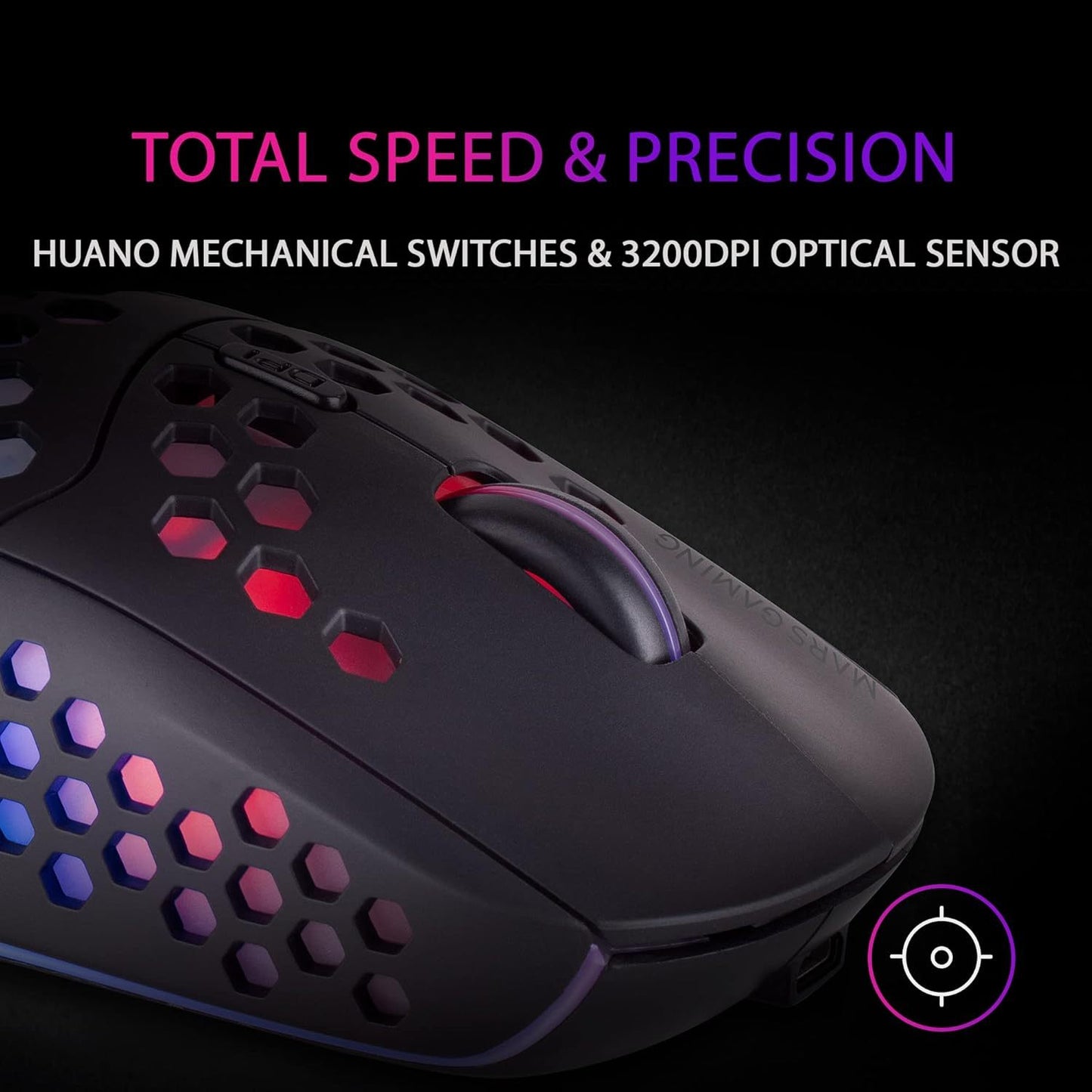 Mars Gaming MMW3, Ratón Gaming Inalámbrico Ultraligero Hive, RGB Flow, Sensor 3200 dpi, Switches Mecánicos HUANO, Batería Recargable, 2.4G USB, Negro