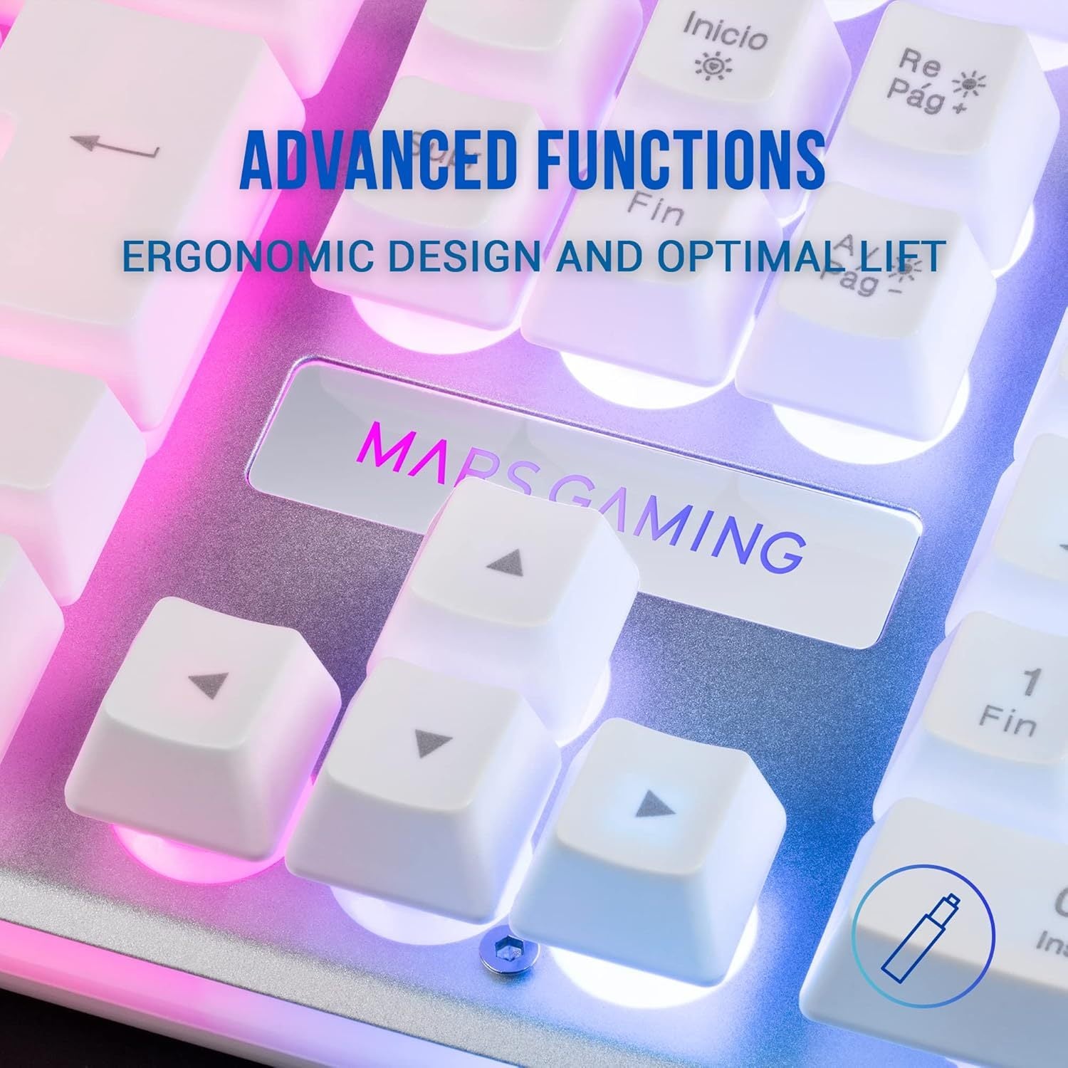 Mars Gaming MK220, Teclado Gaming Híbrido H-Mech, Iluminación FRGB Rainbow + Halo, Panel de Aluminio, Anti-Ghosting, USB Plug & Play, PC PS5 Xbox Switch, Idioma Francés, Blanco