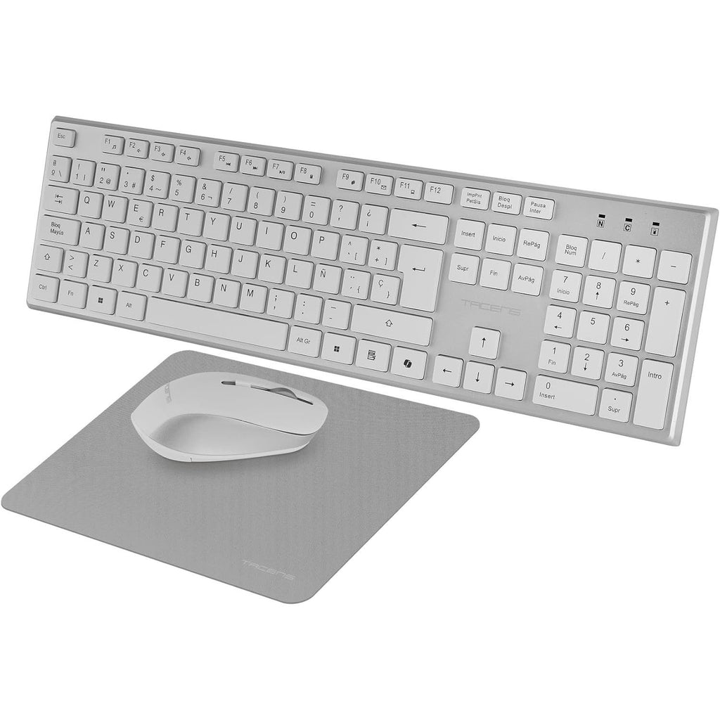 Tacens Zenith, Combo Inalámbrico 3en1 con Tecnología DualLink 2.4 GHz, Teclado Completo Full-Size con SmartKey Copilot AI, Ratón Óptico 3200 dpi, Alfombrilla Nanotextil, Idioma Italiano, Blanco