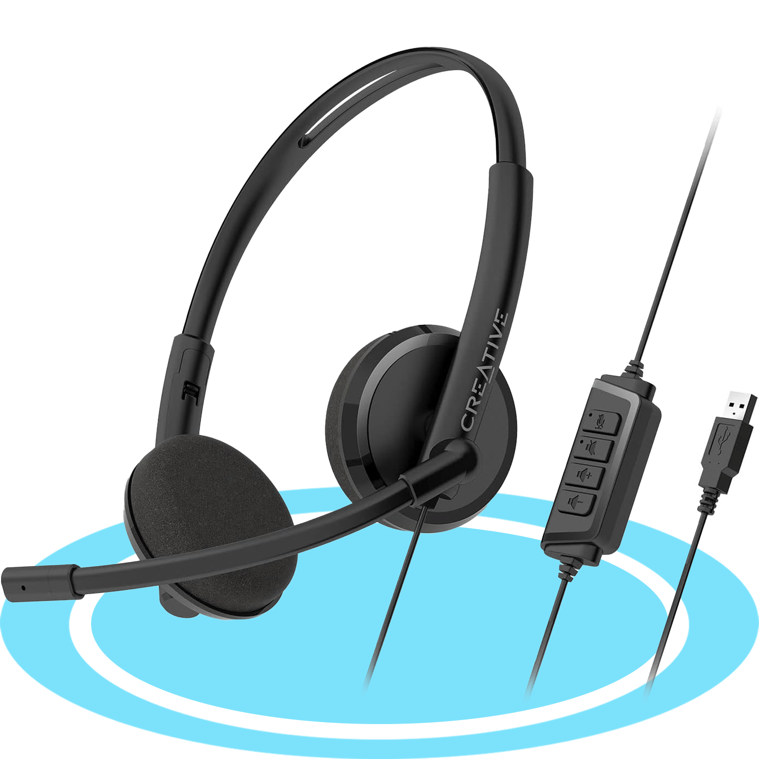Creative HS-220 Cascos con Cable USB, Auriculares con Cable, Sonido Estéreo con Micrófono Giratorio y Supresión activa de Ruido USB, Control remoto, Casco Negro