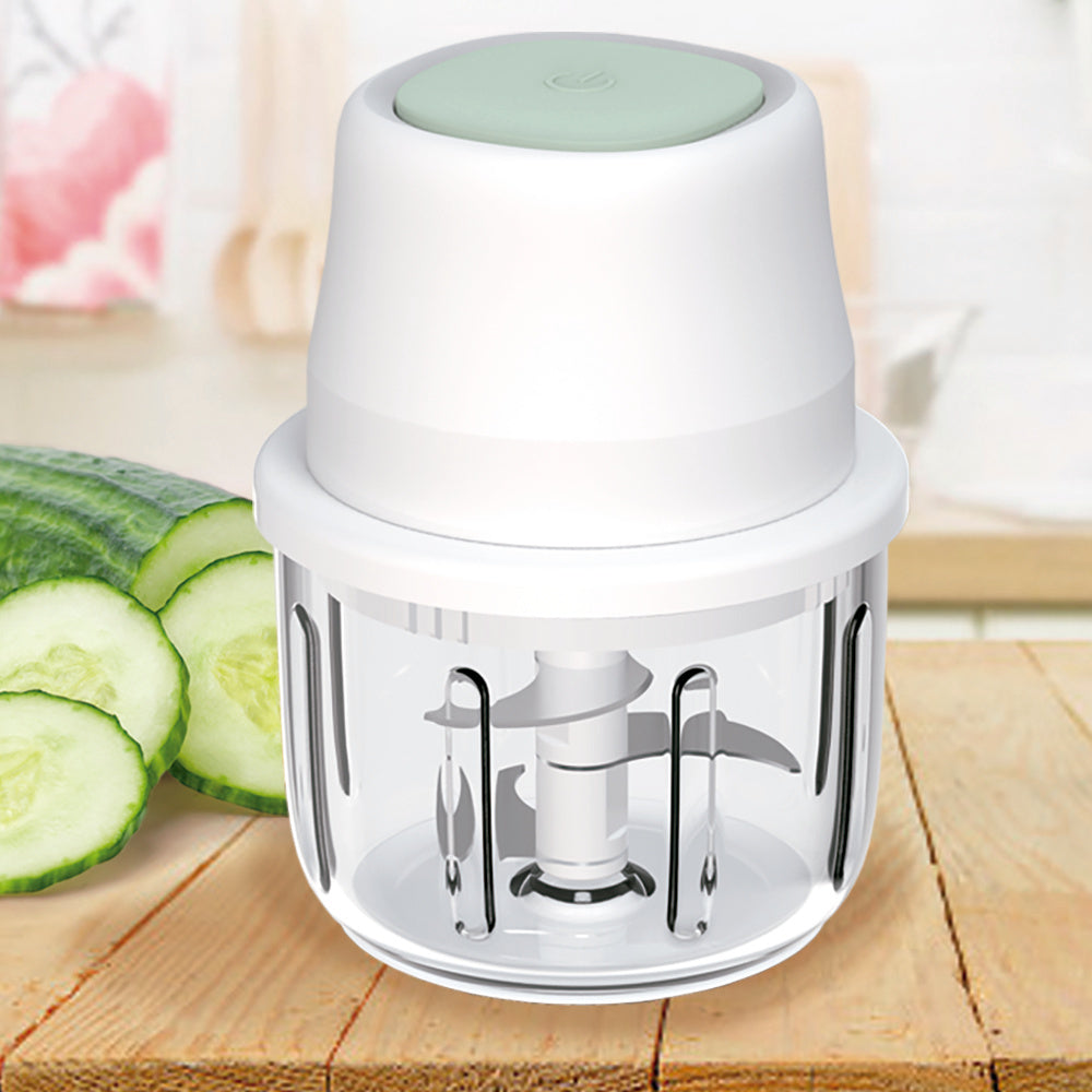 Picadora Electrica de Alimentos Recargable USB, 300ml de Capacidad, Recipiente de Cristal, Batería 1300 mAh, Trocea, Mezcla, Machaca y Muele, Triple Cuchilla de Acero, Resistente, Fácil de Limpiar, Perfecto para Fruta, Verdura, Carne, Hierbas