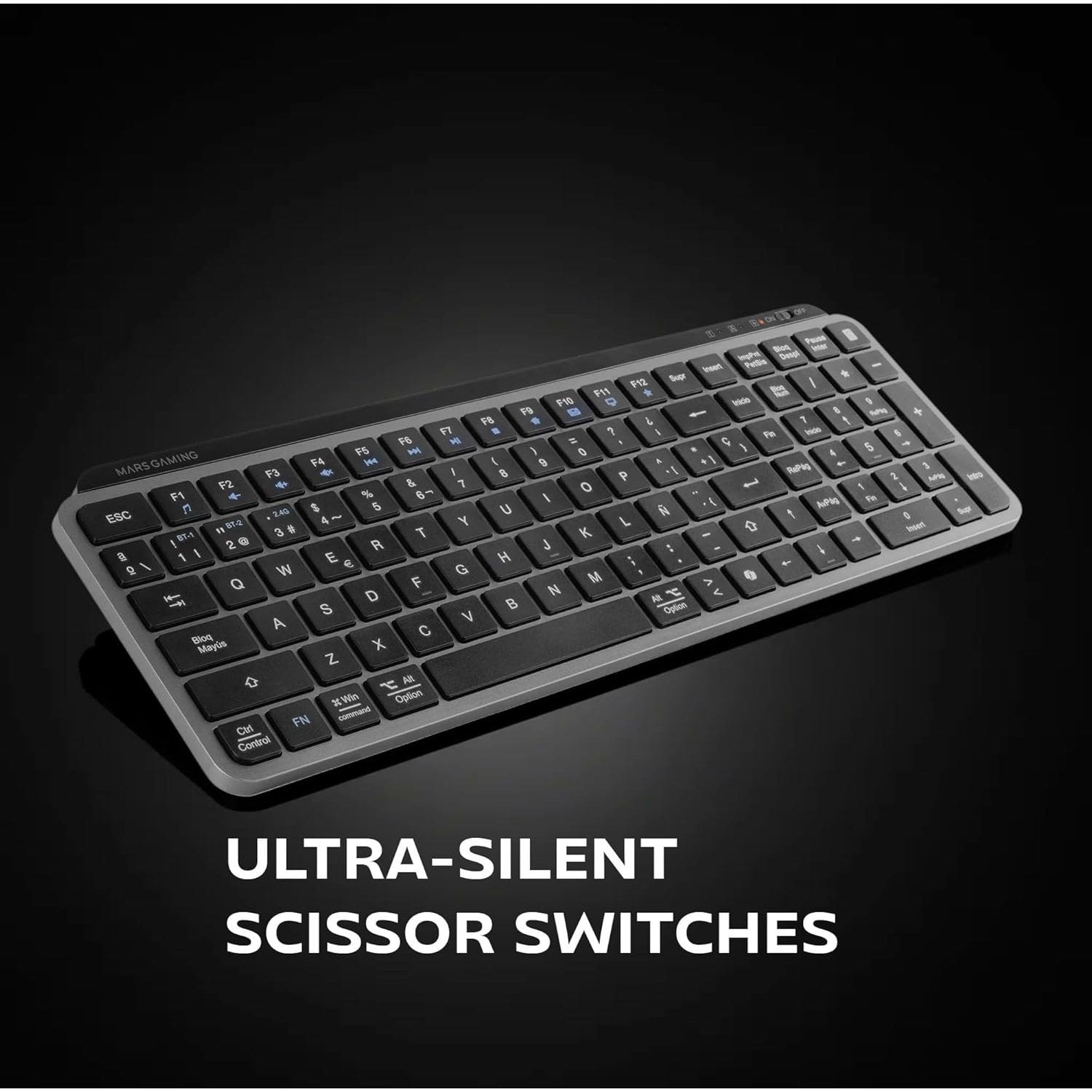 Mars Gaming MK-SILENKEYS, Teclado Inalámbrico Full-Format Compacto, Perfil Bajo, Switches Tijera Silenciosos, Tecla Copilot AI, Bluetooth 5.1 Dual + 2.4GPRO, Batería 200h, PC/Mac, Español, Negro
