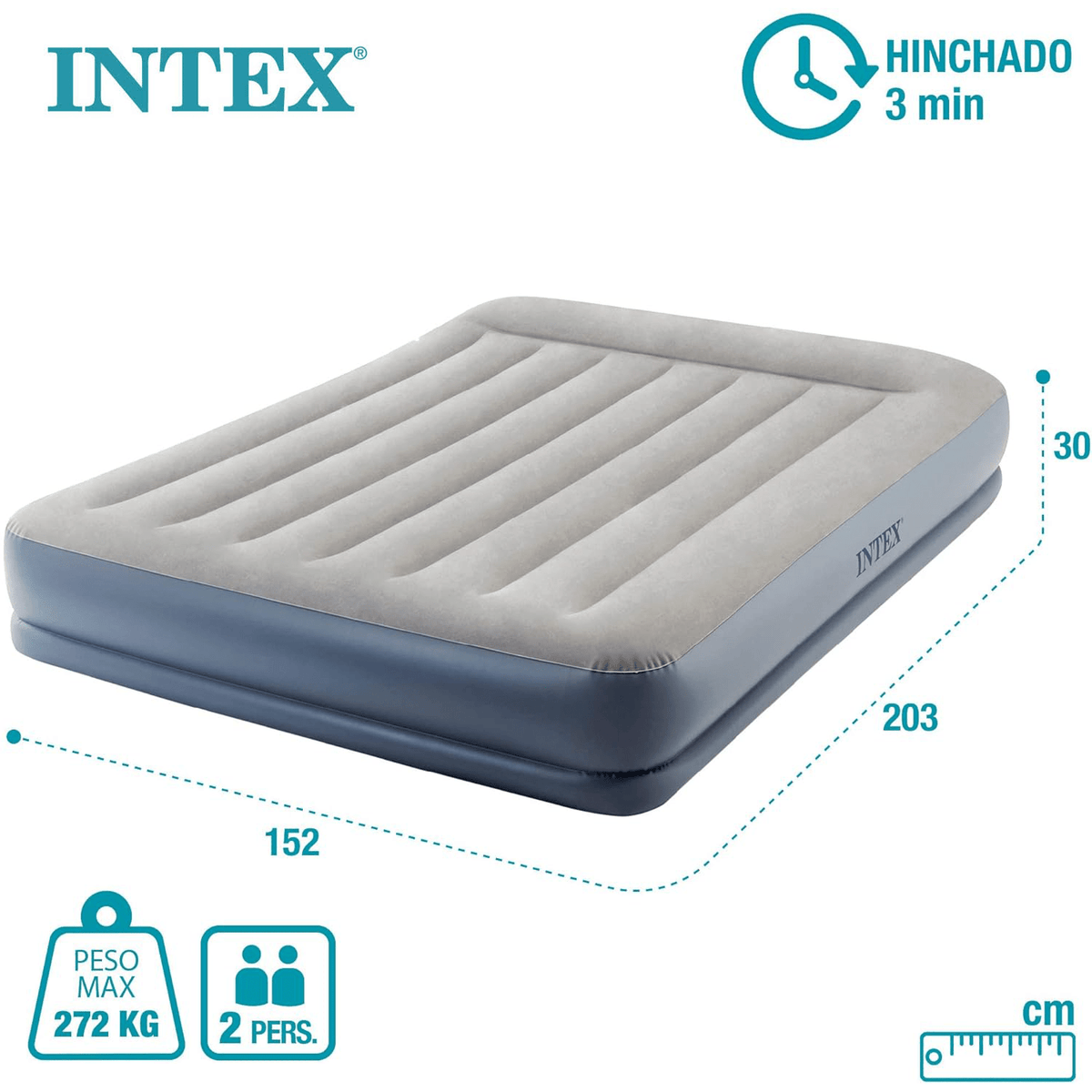 INTEX Colchón Hinchable 2 Personas, Colchón Inflable Doble, Resiste hasta 272kg, Color Gris, Máxima Durabilidad, 152 x 203 x 30 cm