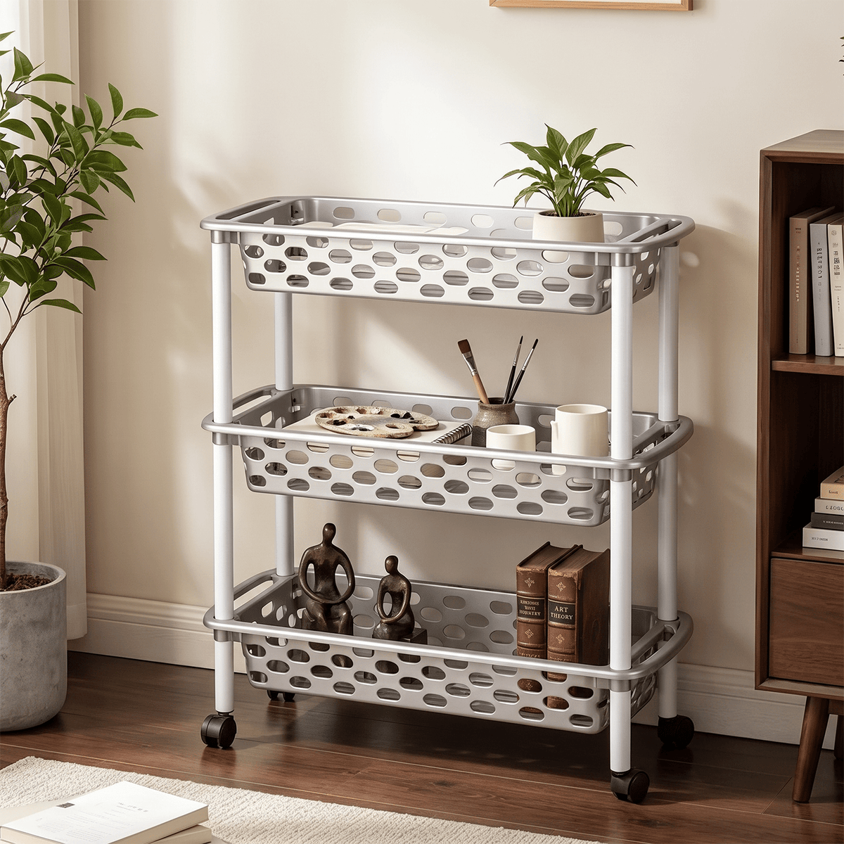Carrito Auxiliar con Ruedas, Carrito Multifuncional de 3 Niveles, Apto para el Hogar, Oficina, Cocina, Sala de Estar, Baño, Fácil de Limpiar, Desplazamiento Fluido, 18,5 x 58 x 61 cm