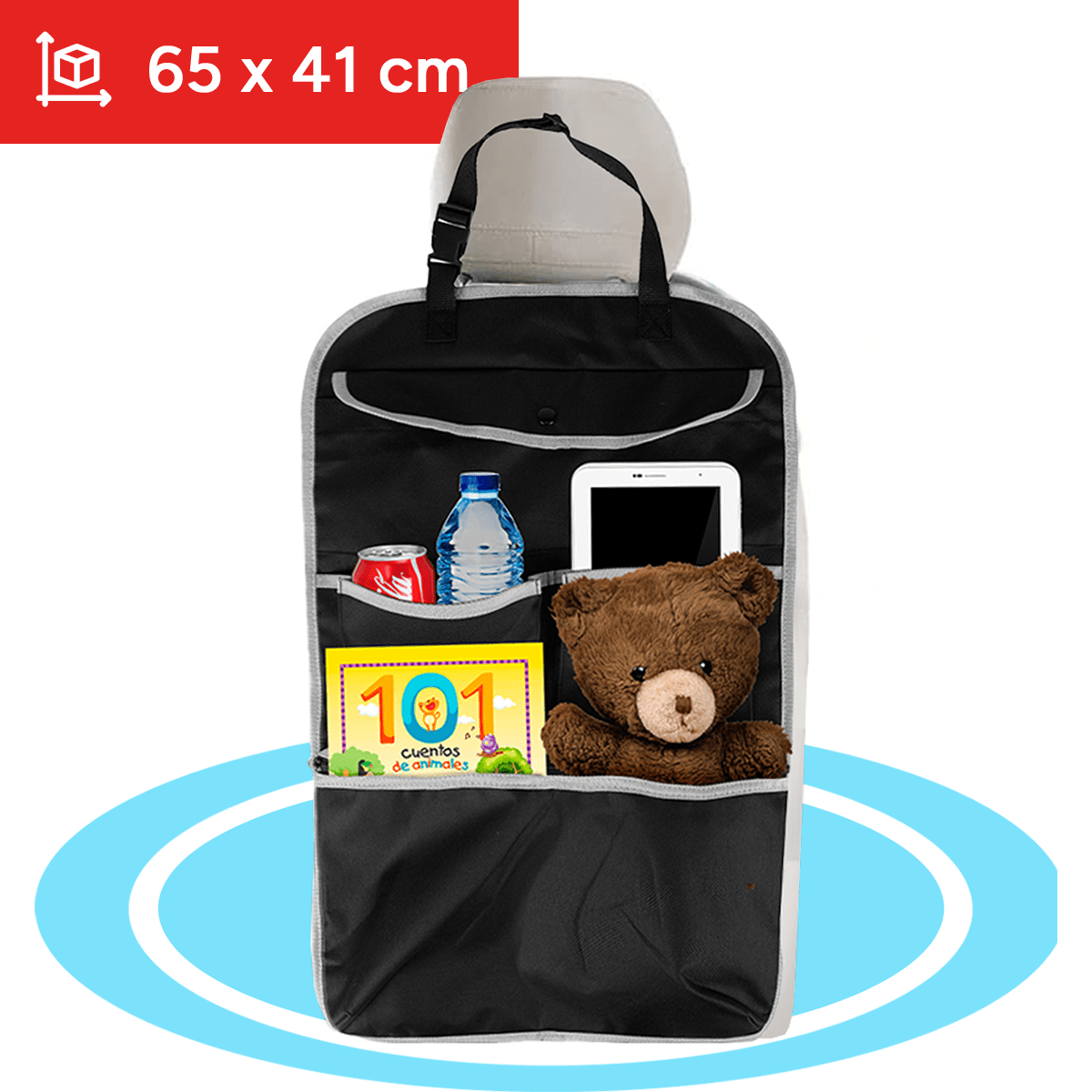 Organizador Asiento Coche, Correa Ajustable para Fácil Instalación, Ideal para Viajes Largos, 2 Compartimentos de Bolsillo: Compartimento Grande con Cremallera, Compartimento Grande con Botón de Cierre. 65 x 41 cm