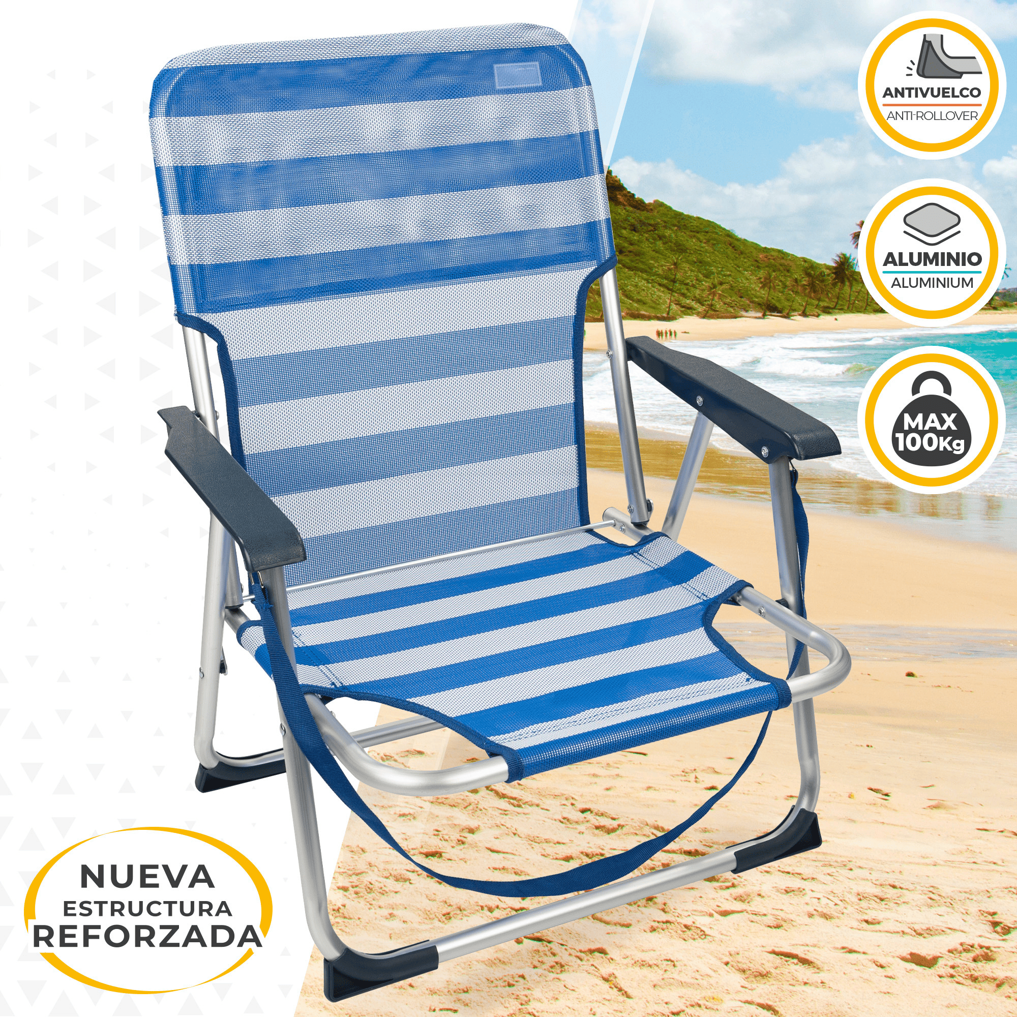 Silla Plegable Playa Reclinable y Resistente. Soporta hasta 100kg. Posición fija. Sistema Antivuelco. Ideal para Playa, Jardín, Terraza o Camping. 44x40x72cm
