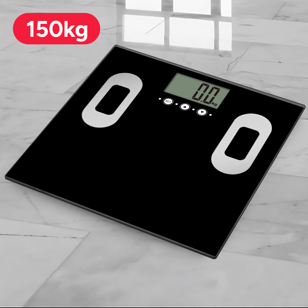 Bascula de Baño de Cristal, 150Kg de Resistencia, Dígitos LCD, Sensor de Alta Precisión, Cristal Resistente de 8mm, Reajuste y Apagado Automático, Indicador de Poca Batería y Exceso de Carga
