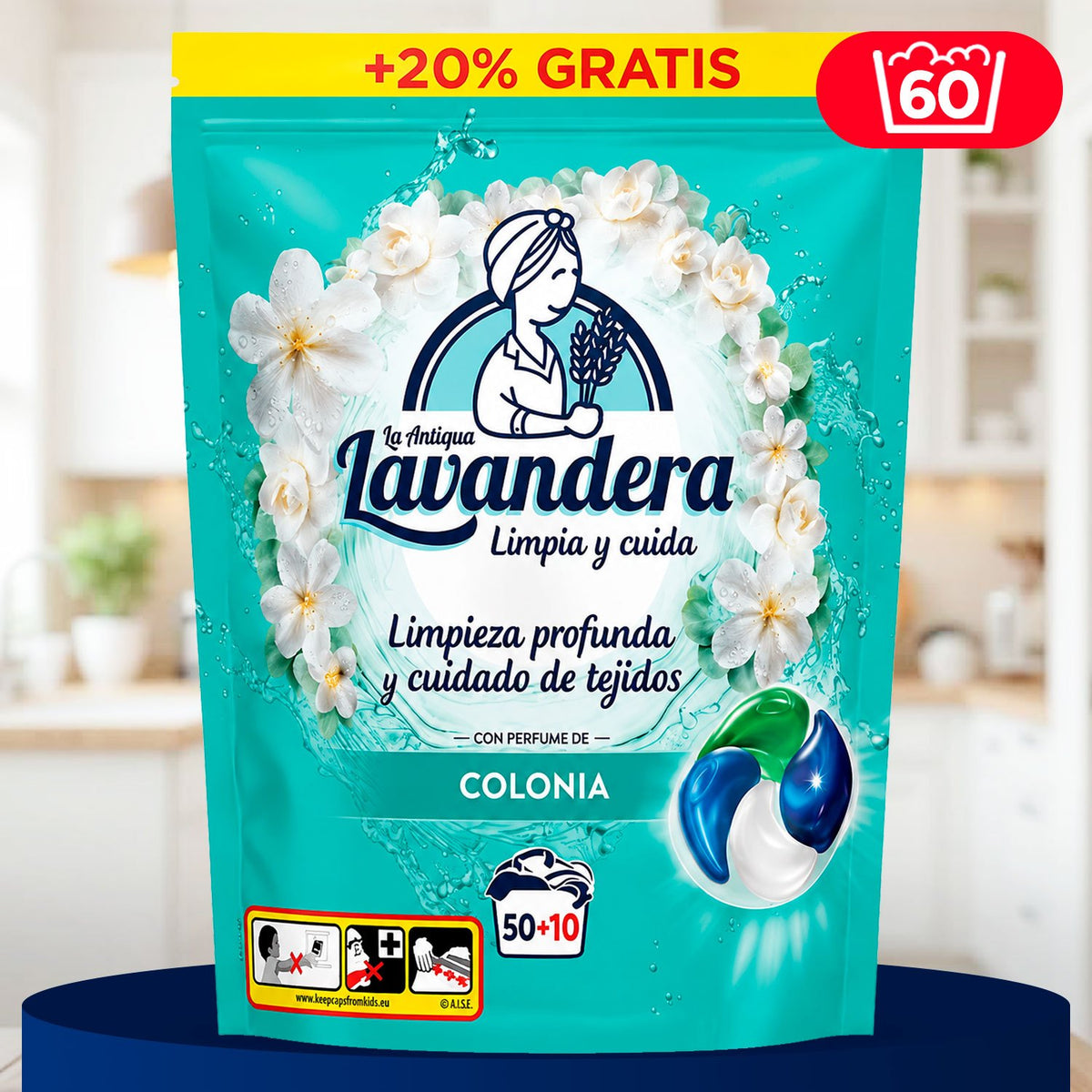 La Antigua Lavandera Detergente en Cápsulas para Ropa, Aroma Colonia, 60 Cápsulas