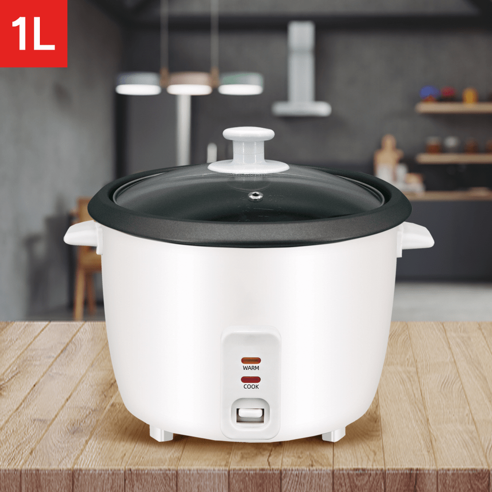 Hervidor de Arroz de 1L de Capacidad, Arrocera con Función de Cocinar o Calentar, Contenedor Interno con Recubrimiento Antiadherente, Tapa de Vidrio Transparente, Indicador luminoso, 400W de Potencia, 21,7 x 21,7 x 20 cm