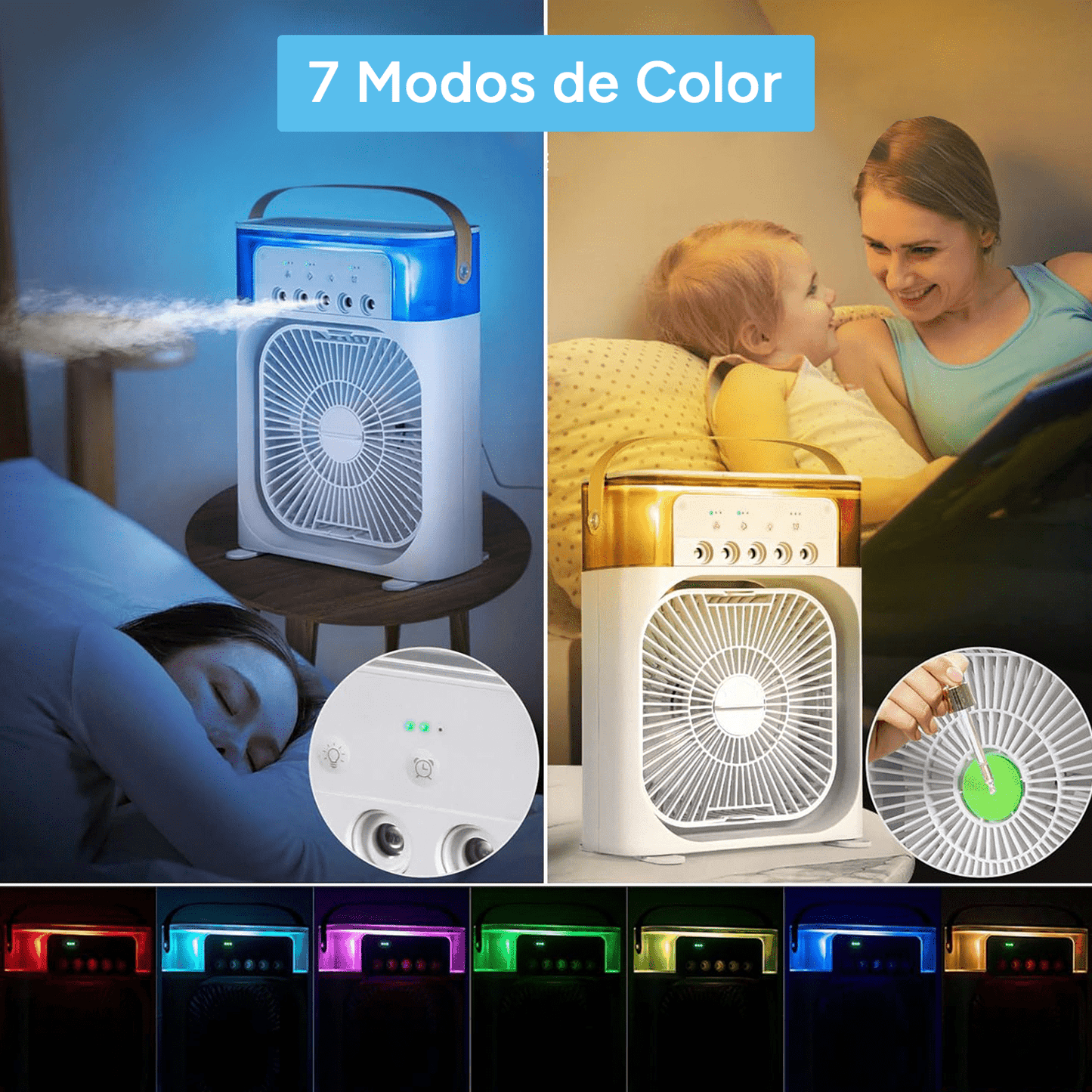 Ventilador Potente de Mesa 5 en 1 con Humidificador, 5 Pulverizadores, 3 Velocidades, LED de 7 Colores, Temporizador y Tanque Extraíble. Portátil, Silencioso y Multifuncional para Escritorio, Hogar u Oficina