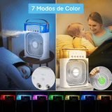 Ventilador Potente de Mesa 5 en 1 con Humidificador, 5 Pulverizadores, 3 Velocidades, LED de 7 Colores, Temporizador y Tanque Extraíble. Portátil, Silencioso y Multifuncional para Escritorio, Hogar u Oficina