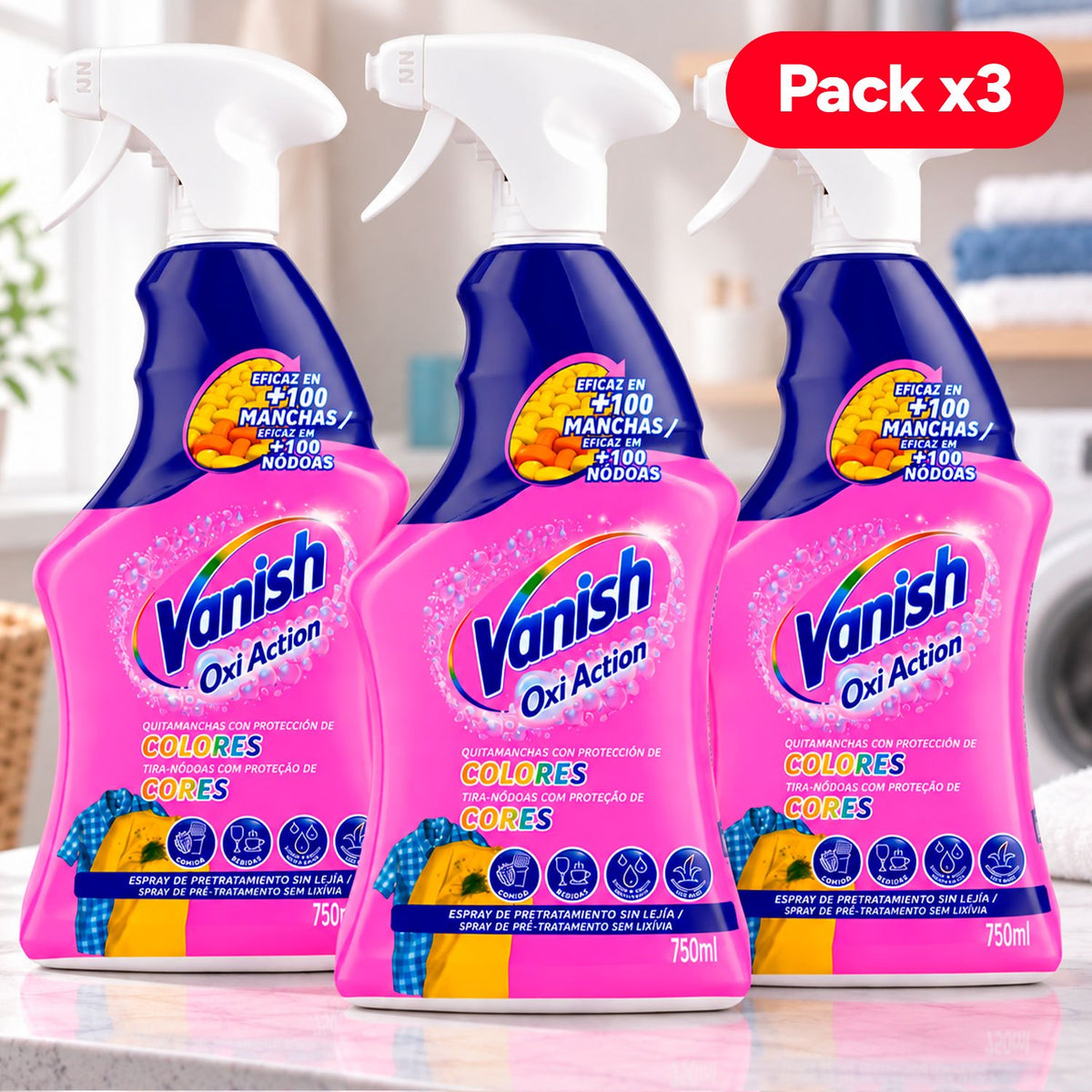 Vanish Oxi Action Spray Quitamanchas para Ropa Blanca y de Color, Fórmula sin Lejía para Manchas del Día a Día, Pack de 3 Botellas de 750 ml Cada Una