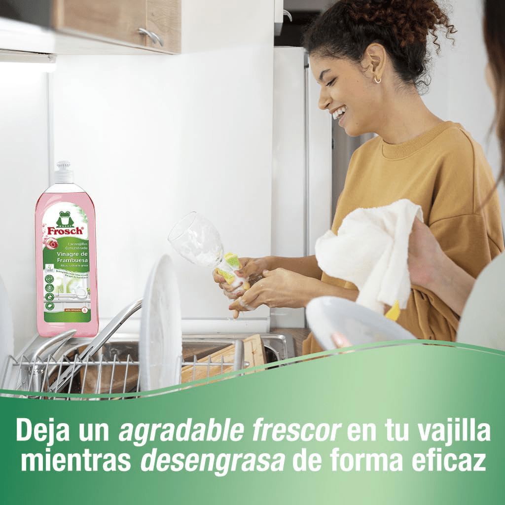 Frosch Lavavajillas Líquido Concentrado, Lavavajillas Detergente a Mano de Vinagre de Frambuesa, Extra Desengrasante y Eficaz, Botella de 750 ml