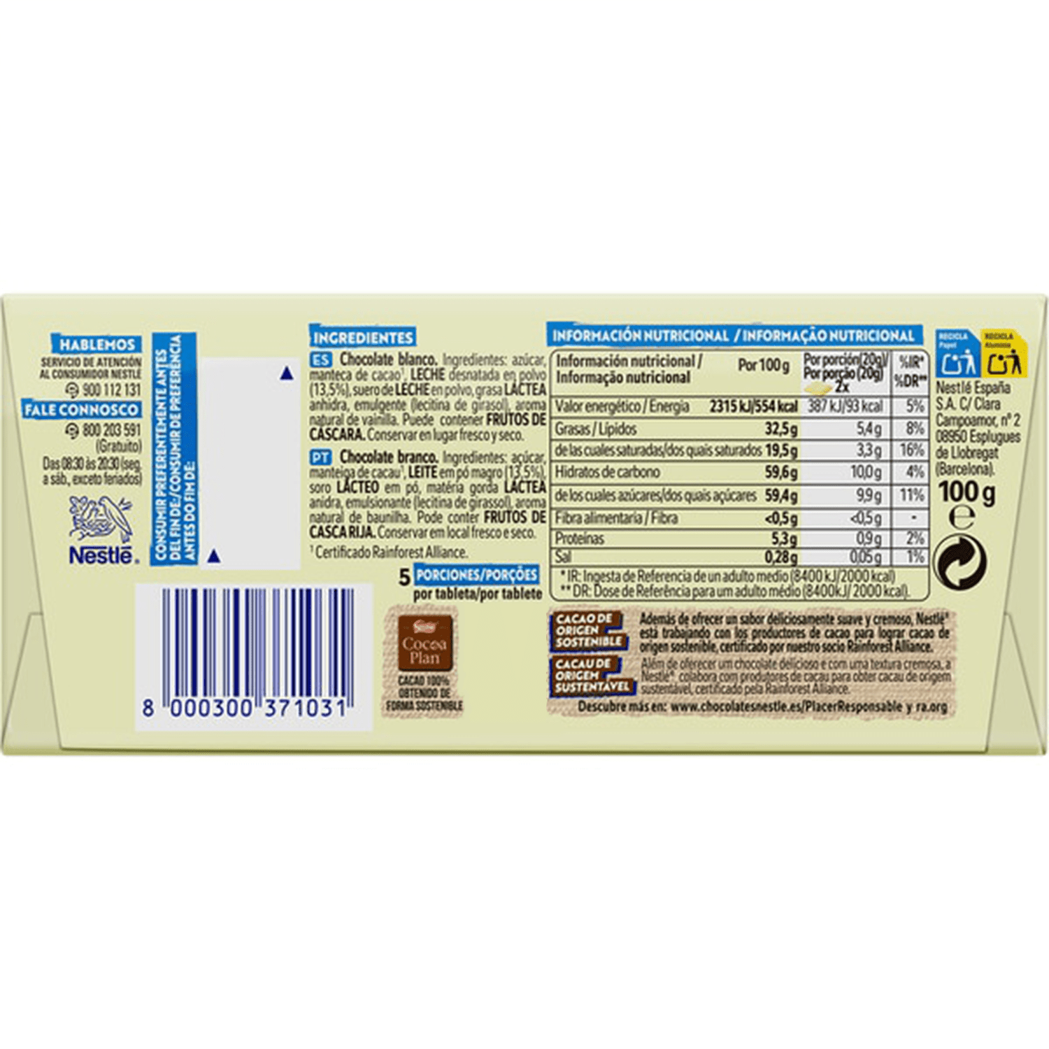 Nestlé Milkybar Chocolate Blanco, 3 Tabletas de Chocolate Blanco, Pack Ahorro de 3 Tabletas de 100g