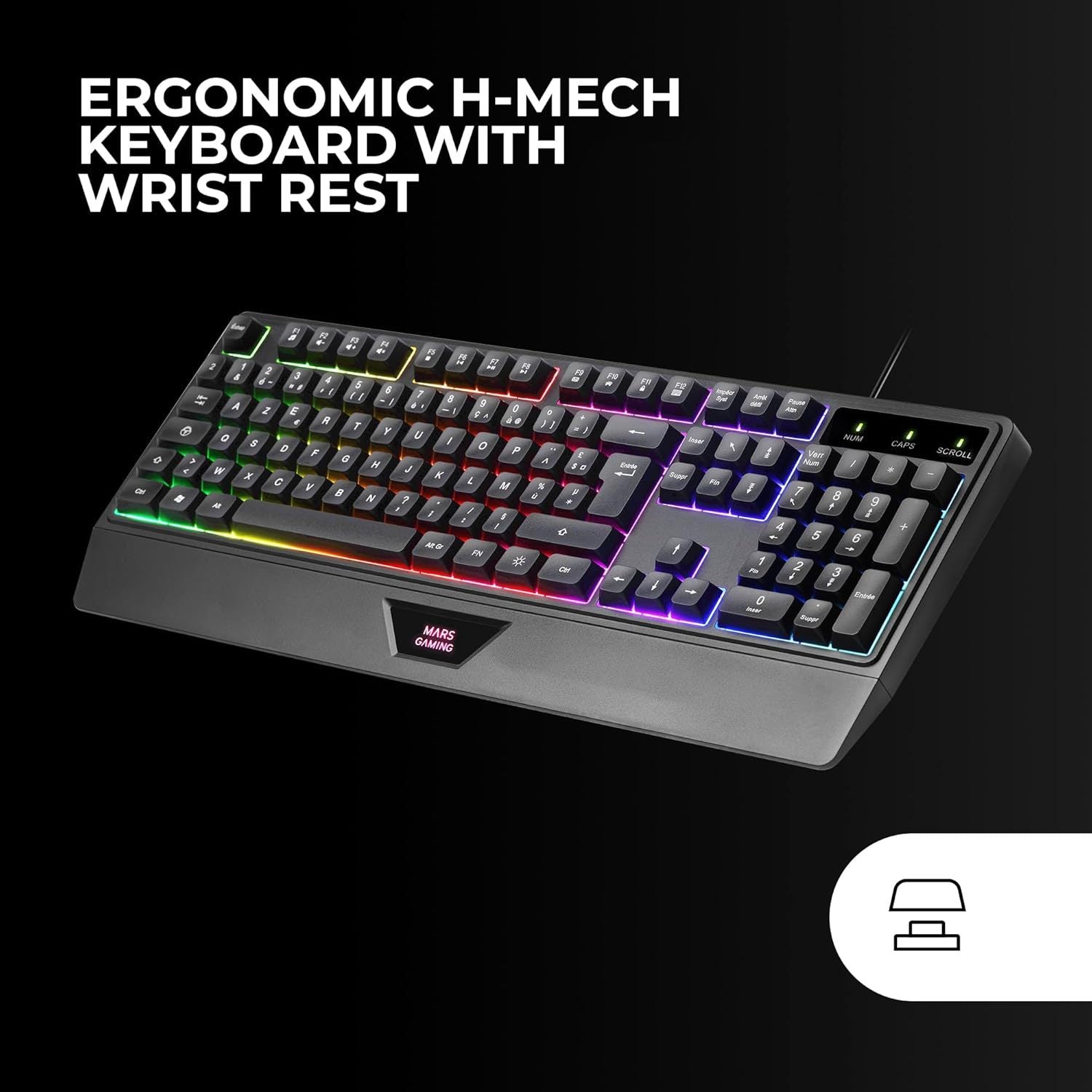 Mars Gaming MCP124, Combo Gaming 3en1, Teclado Ergonómico H-Mech LED RGB, Ratón RGB 3200DPI Switches HUANO, Alfombrilla Nanotextil 360x260mm, Compatibilidad Multiplataforma, Layout Francés, Negro