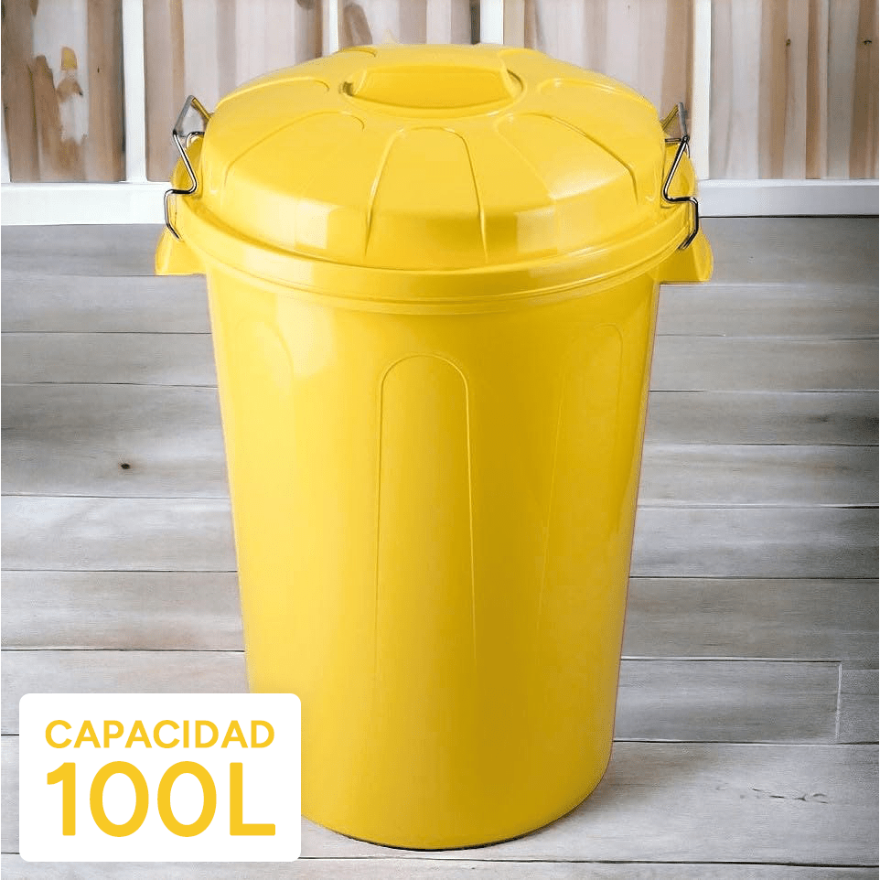 Cubo Basura 100 Litros de capacidad con Tapa. Fabricado en Plastico Resistente, Ideal para Almacenaje de Basura para el Hogar, Oficina o Industria