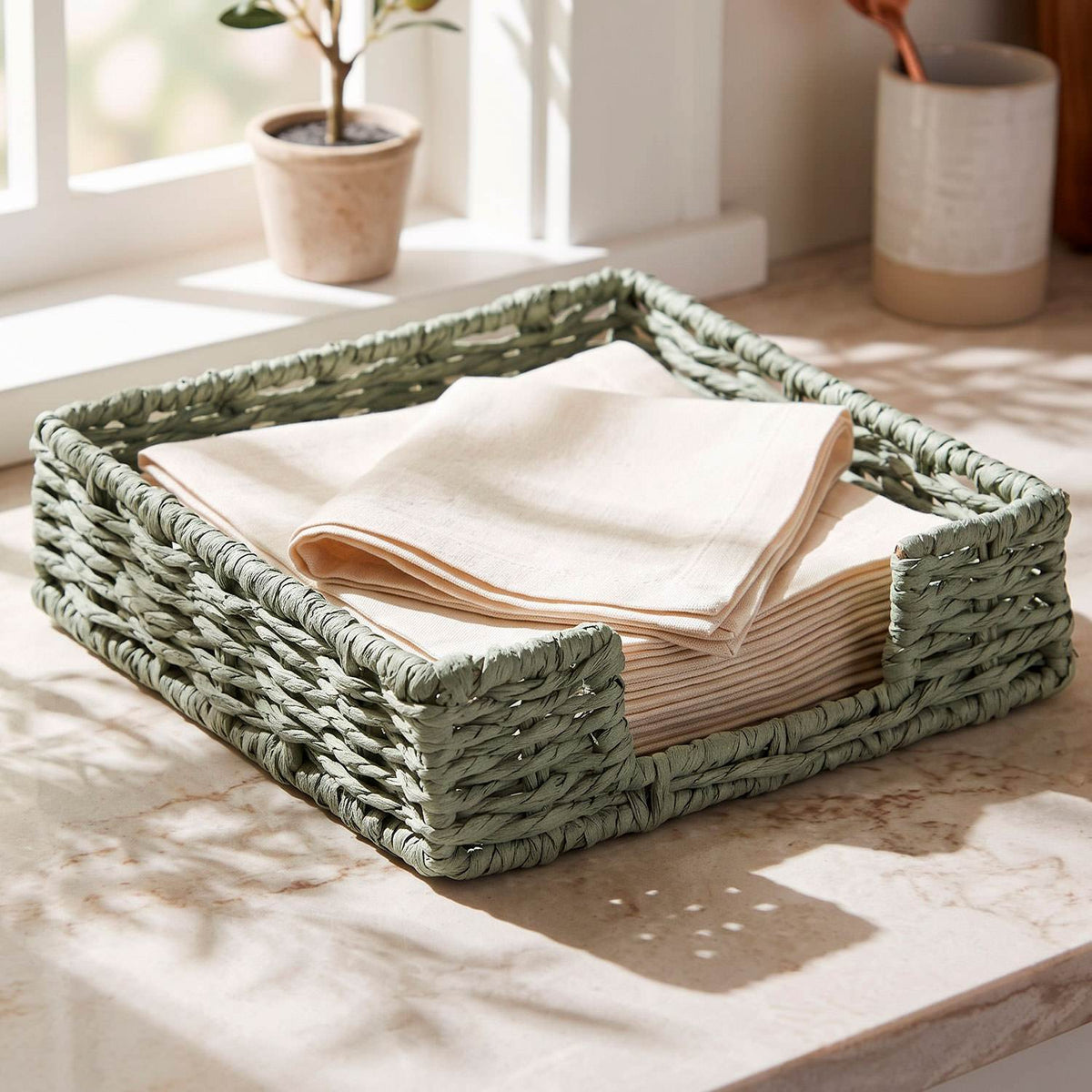 Servilletero de Mesa Tejido, para Organizar Servilletas en Cocina y Comedor, Diseño Decorativo de Estilo Natural, Color Gris, 18 x 18 x 5 cm