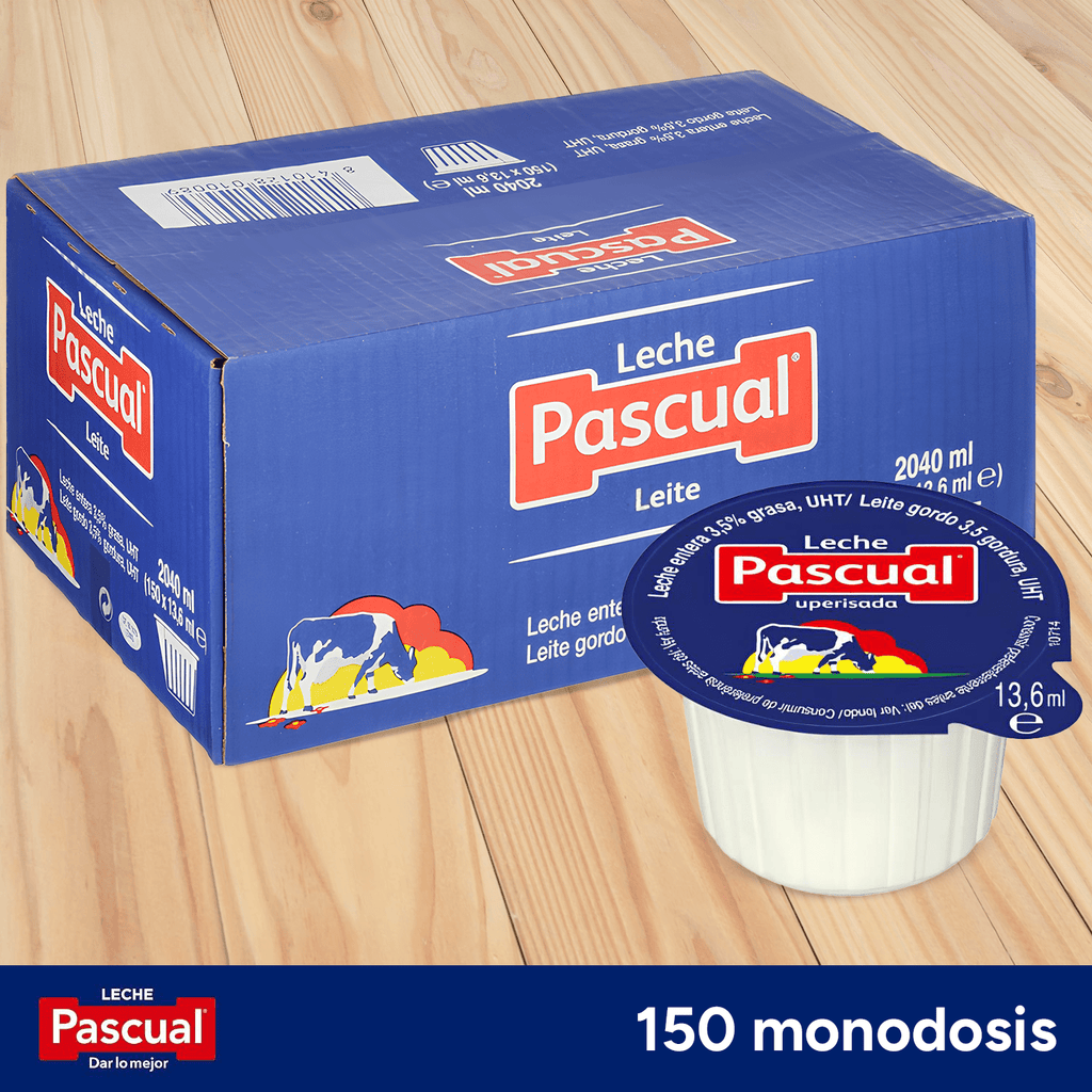PASCUAL Leche Entera Monodosis, Caja de 150 Tarrinas de 14 ml, Monodosis, Sin necesidad de Refrigeración