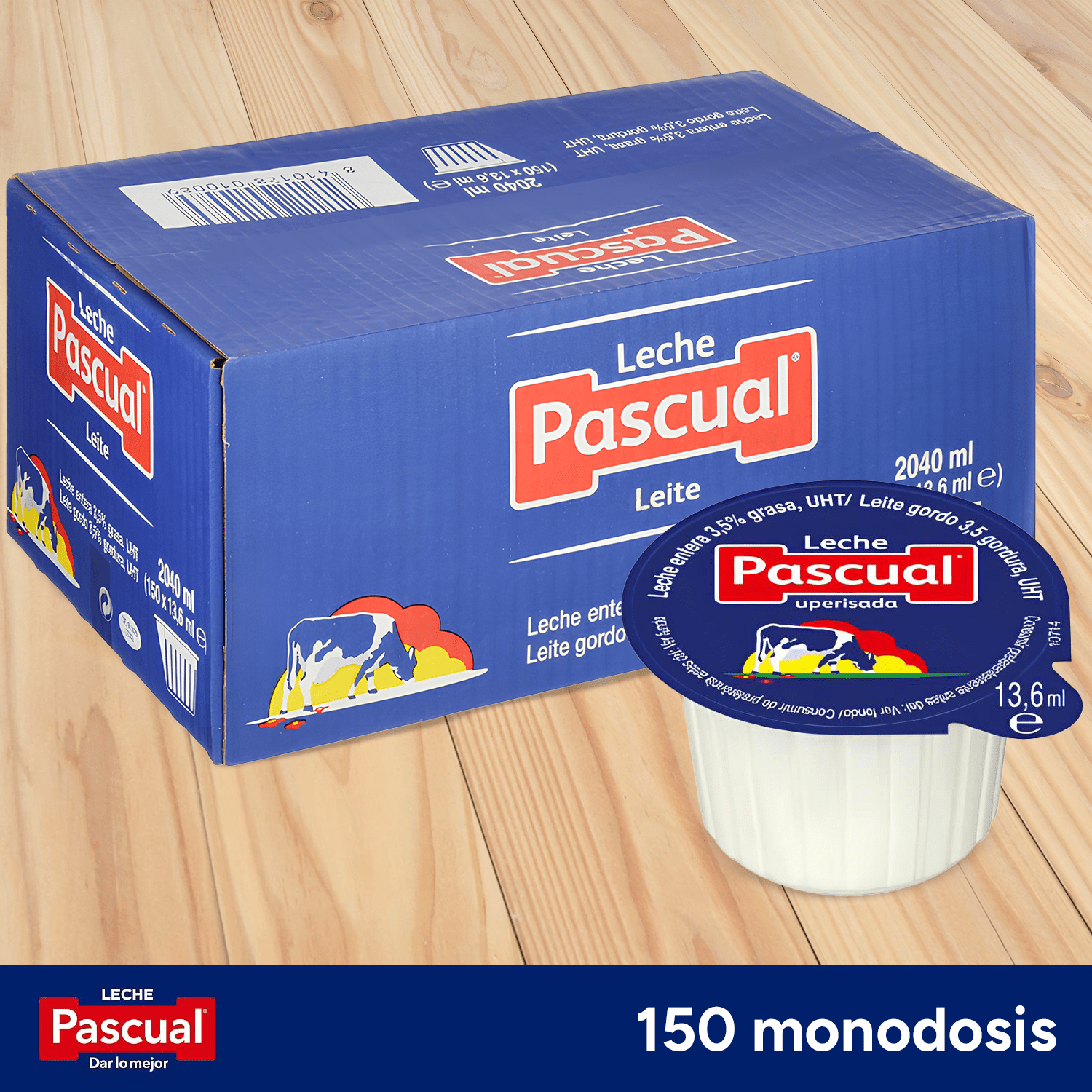 PASCUAL Leche Entera Monodosis, Caja de 150 Tarrinas de 14 ml, Monodosis, Sin necesidad de Refrigeración