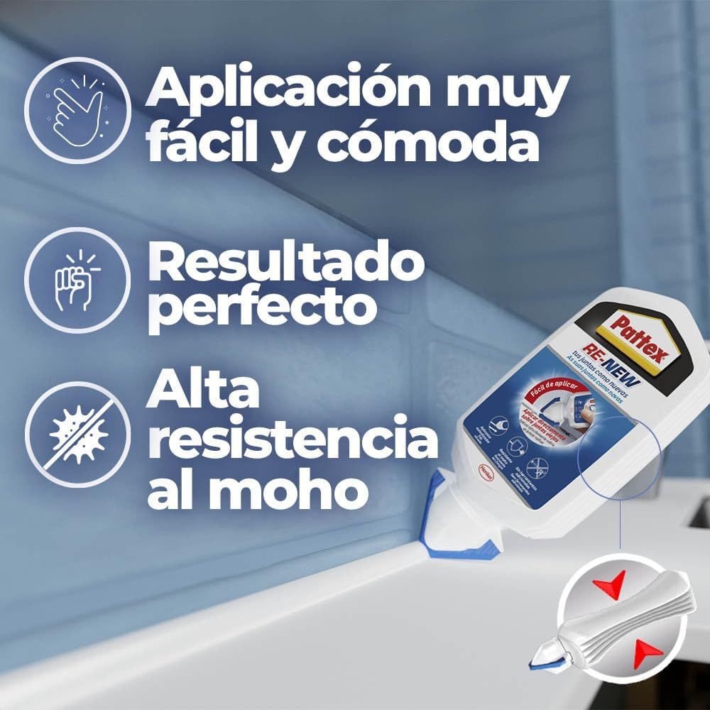 Pattex RE-NEW, Silicona Blanca para Juntas, Juntas Limpias Fácilmente, Silicona Resistente, Sellador de Juntas de Cocina y Baño, 2 x 80ml