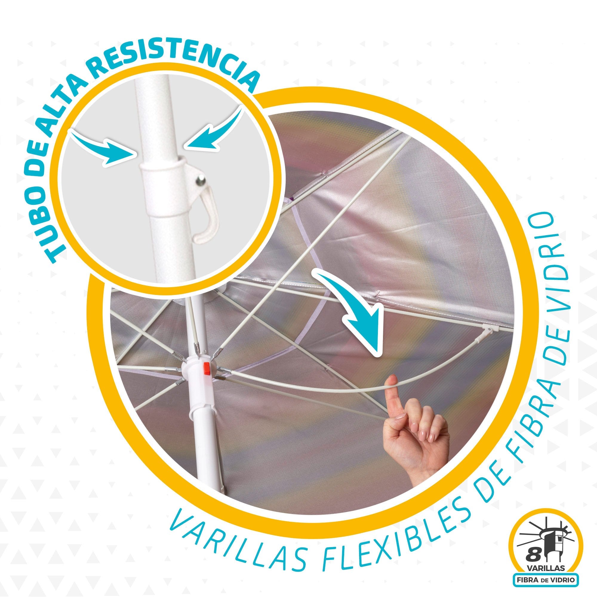 Sombrilla Playa Grande, 200cm / 220cm, Inclinable, Protección UV 50, Hecha de Aluminio y Tela Oxford con Revestimiento, Forma Única para Favorecer la Ventilación, 8 Varillas Resistentes y Flexibles, Ancho Tubo 28/32mm