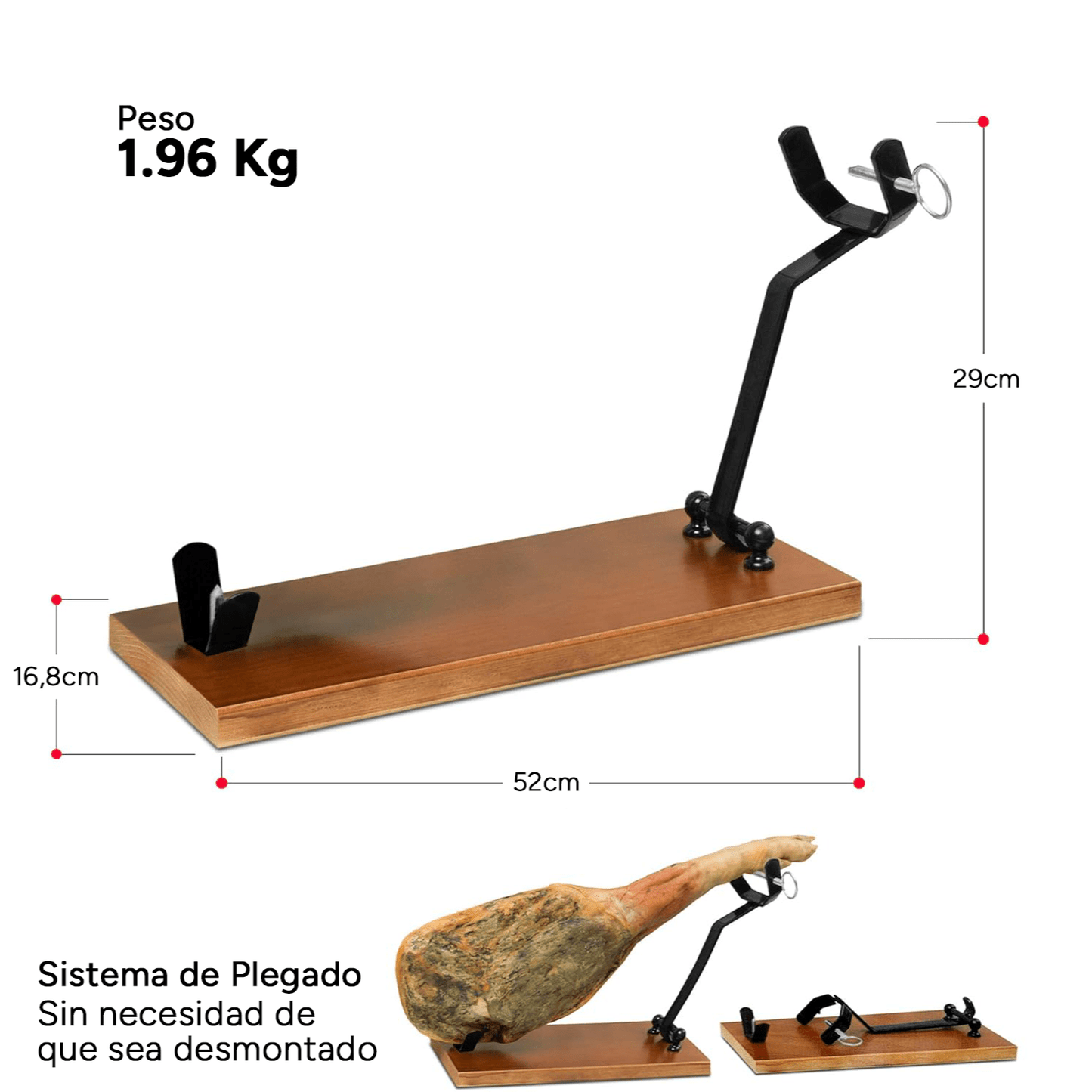 Jamonero Plegable, Jamonero Profesional, Soporte Jamonero de Madera de Pino de Alta Resistencia, Herrajes de Hierro Negro y Pinchos de Acero Inoxidable, Base Antideslizante, Soporte para Jamon, 52 x 16.8 x 29 cm