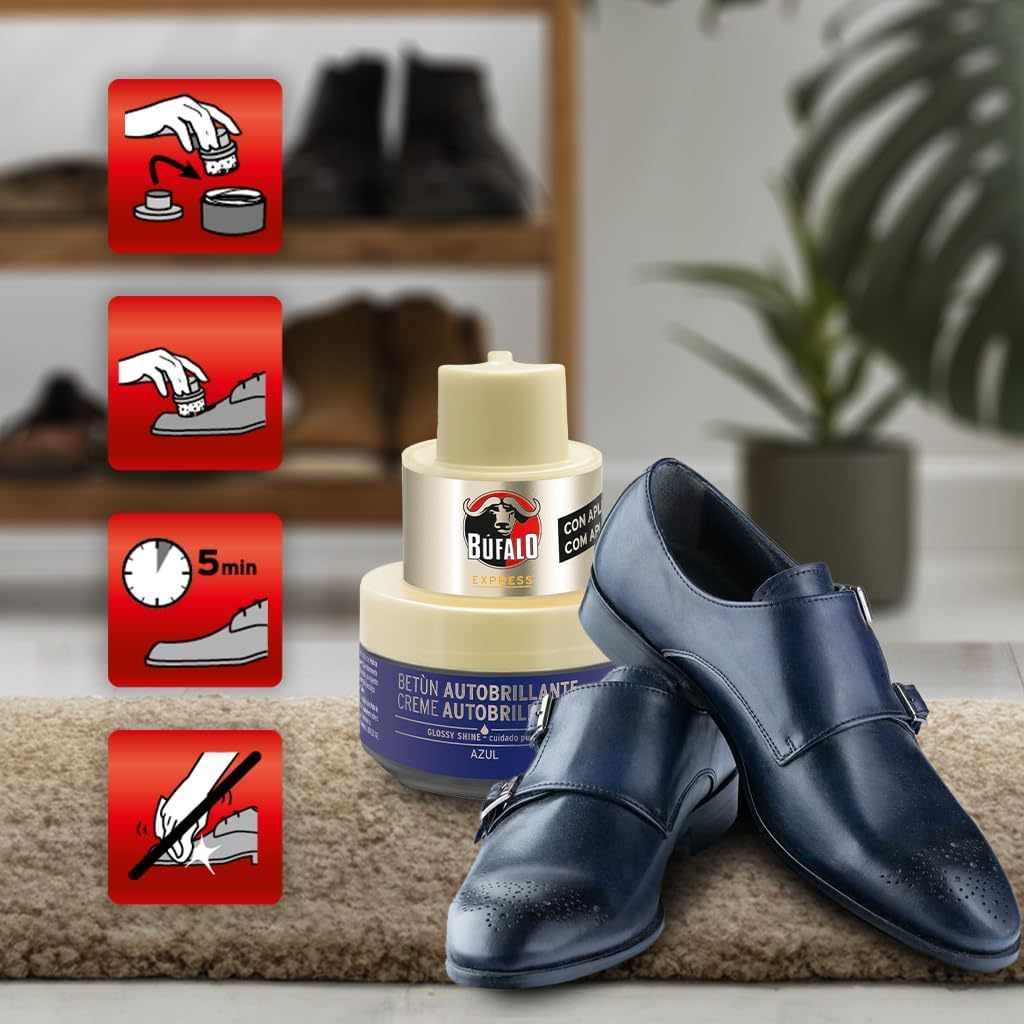 Búfalo Betún Calzado Autobrillante color Azul, Crema para Zapatos, Aporta Color y Brillo, Esponja Integrada, 40 ml