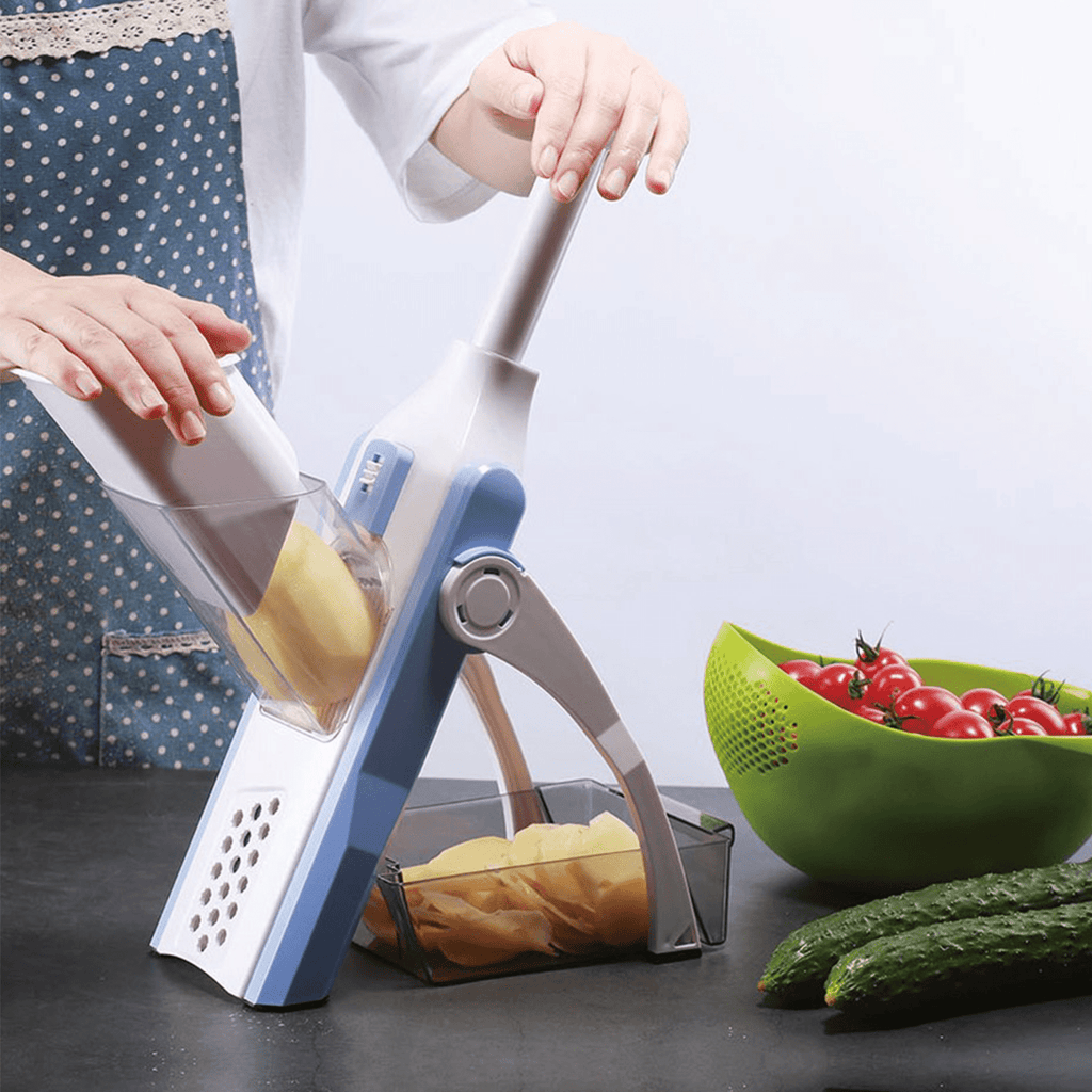 Cortador de Verduras y Patatas, 4 Funciones en 1: Corte en Rodajas, Palitos, Juliana y Cubitos, con Ajuste de Grosor, Cuchillas de Acero Inoxidable, Fácil de Usar y Limpiar, Hecho de Materiales Resistentes, Ahorra Tiempo y Espacio