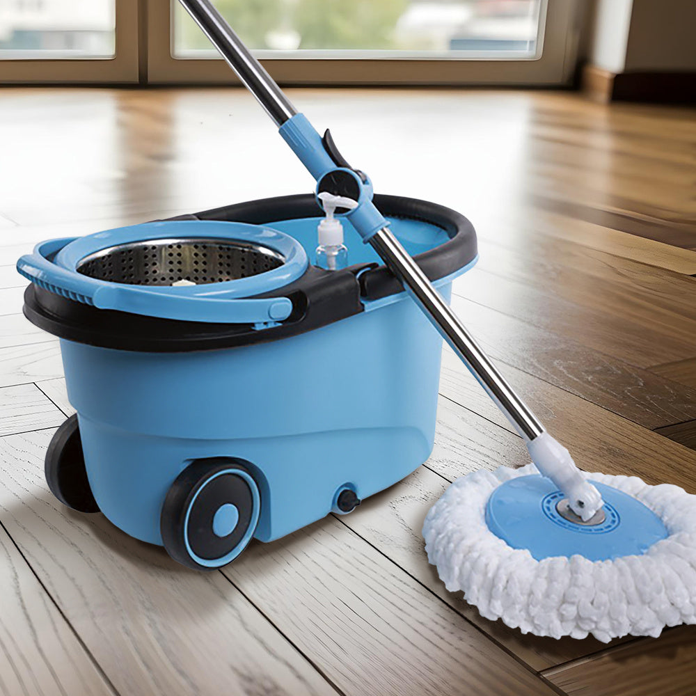 Mopas de Limpieza Suelo, Mopa Giratoria de Microfibra 360° con Cubo con Ruedas de 12L, Autoescurrido sin Esfuerzo, Gran Poder de Absorción, Fácil de Usar, Uso en Seco y Mojado, para Todo Tipo de Superficies, con Palo de Acero Regulable