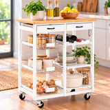 Carro Auxiliar de Cocina de Madera con Ruedas, Carrito Organizador con 2 Cajones, Estantes y Cestas Extraíbles, Diseño Multifuncional para Almacenamiento y Servicio, Blanco, 68 x 37 x 75 cm