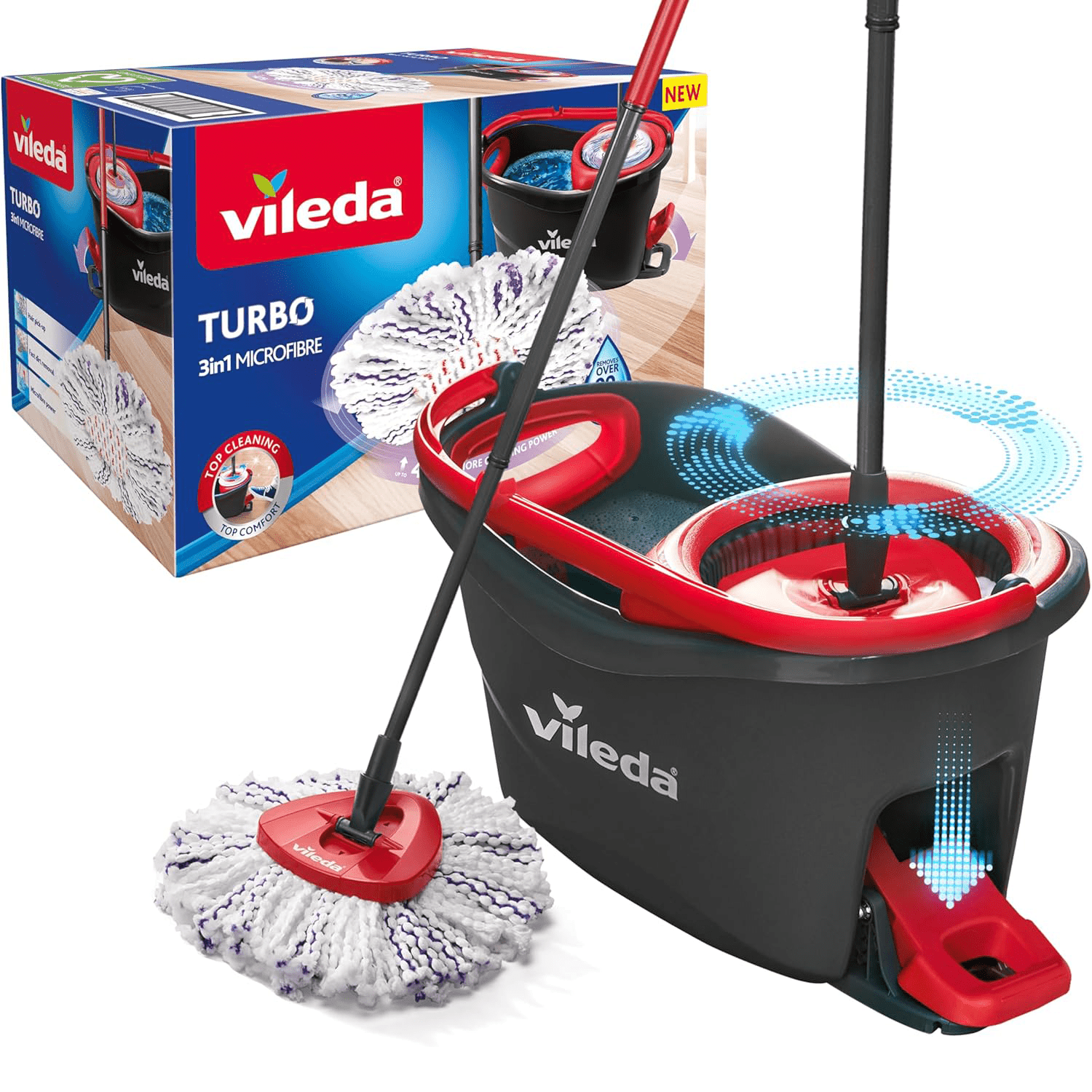 Vileda Set Fregona y Cubo de Limpieza con Pedal y Escurrefácil Giratorio, Fregona con Mango Extra Largo, Cabezal Triangular de Microfibra ideal Para los Rincones