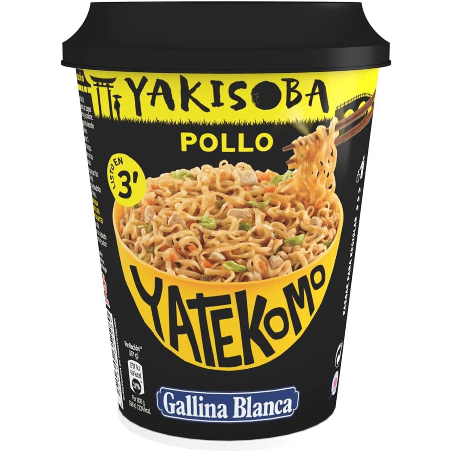 Fideos Orientales Yatekomo Yakisoba Pollo, 93g, Listo en 3 Minutos, Pack Ahorro de 6 Unidades