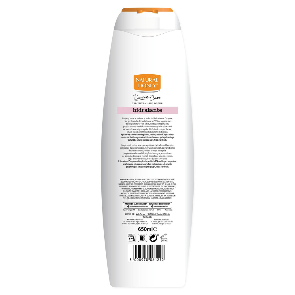 Natural Honey, Gel de Ducha Hidratante con Extracto de Almendras y Hydradermal Complex, Hidratación Intensa y Duradera para una Piel Suave, Fresca y Protegida, Línea Derma Care, 650 ml