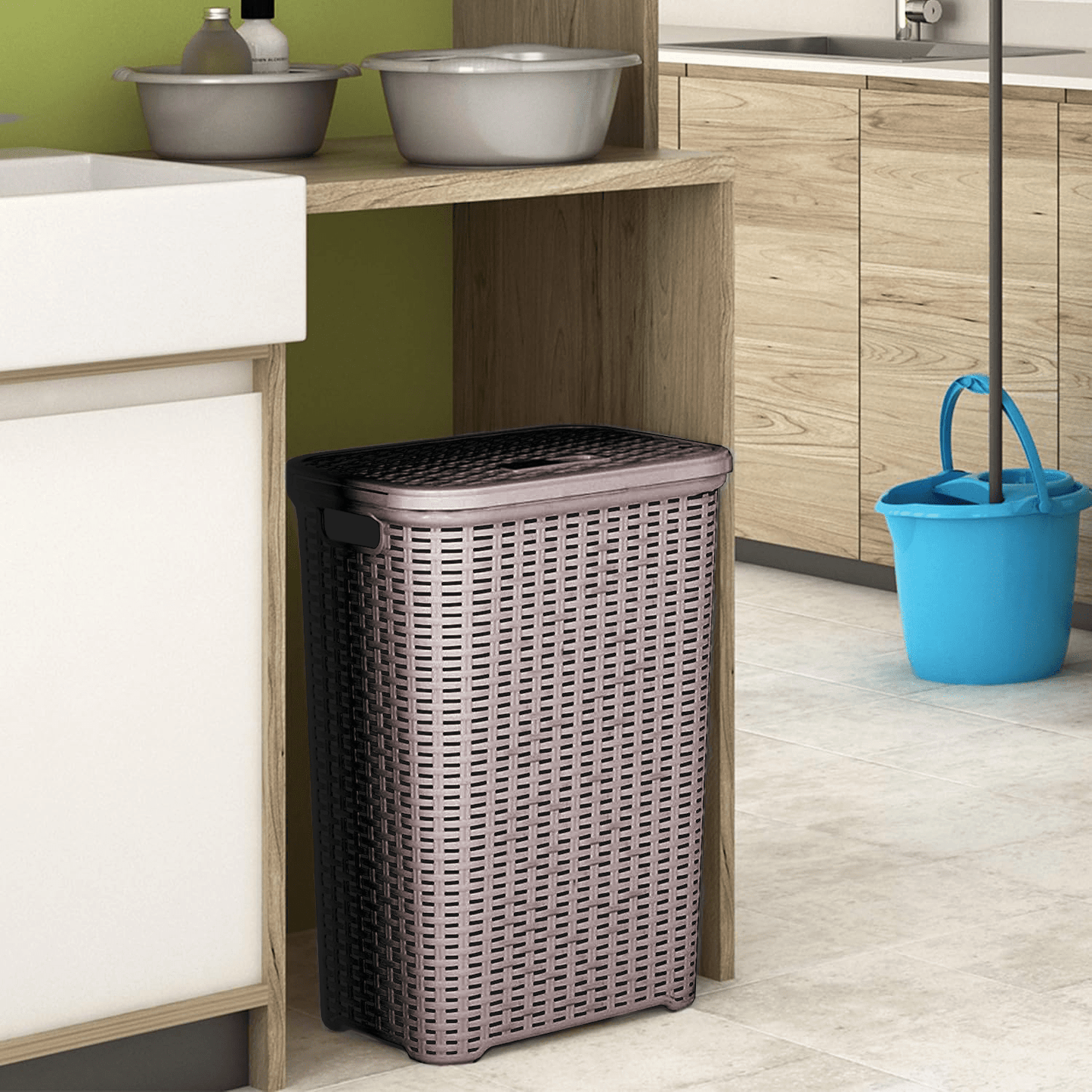 Pongotodo para Ropa Sucia con Tapa, Cesta Grande para Ropa Sucia, Cesta de Almacenamiento para Ropa Sucia para Baño, Cesta de Lavandería, Fabricado en Plástico y con Diseño Elegante, Capacidad de 60L, Asas Laterales para Mayor Comodidad, 43 x 35,5 x 62 cm