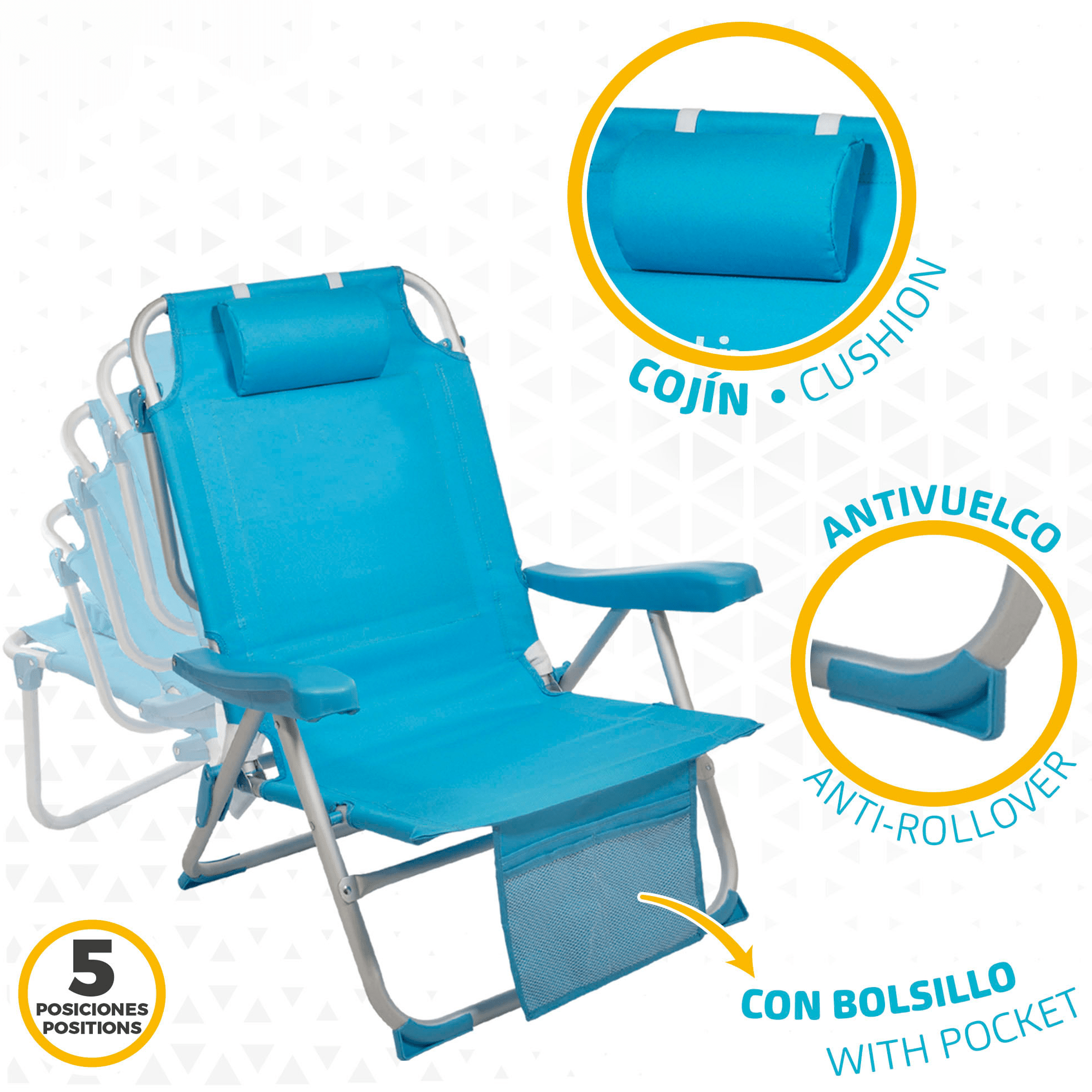 Silla Plegable Playa Reclinable y Resistente. Soporta hasta 100kg. 5 Posiciones, Respaldo Reclinable, Cojín Acolchado, Bolsillo Frontal. Sistema Antivuelco. Estructura Reforzada. Hecha de Aluminio y Poliéster. Ideal para Playa, Jardín