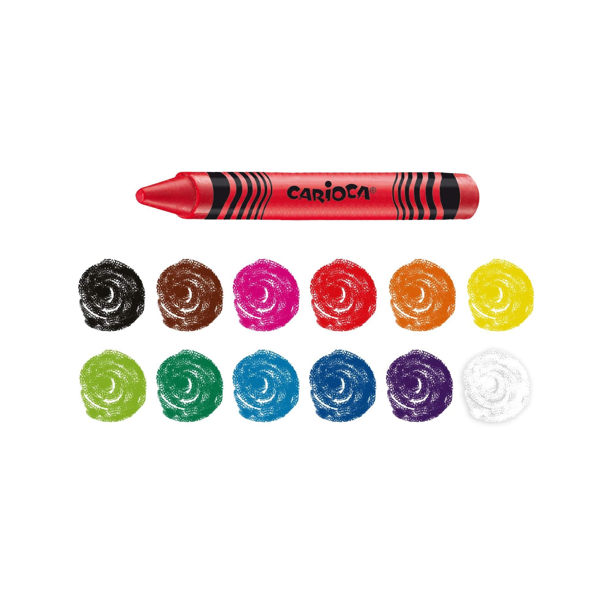 CARIOCA Ceras Colorear Super Resistentes, Crayones de Colores, Colores Brillantes, Lavables, Paquete de 12 Ceras