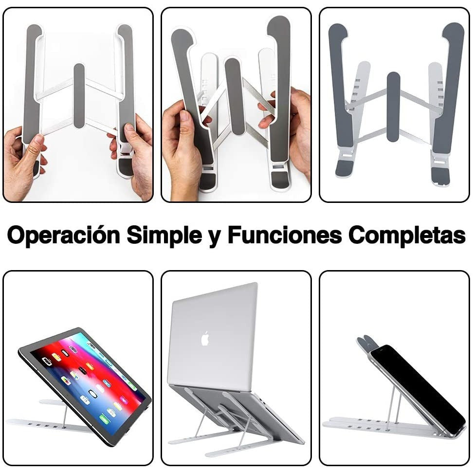Soporte Portátil hasta 15,6", Portátil y Plegable, 8 Ajustes de Altura, Disipa el Calor y Optimiza el Funcionamiento de tu Dispositivo, Parte Inferior de Silicona Antideslizante, Ayuda a Corregir Posturas Incorrectas, Válido para Portátil y Tablet