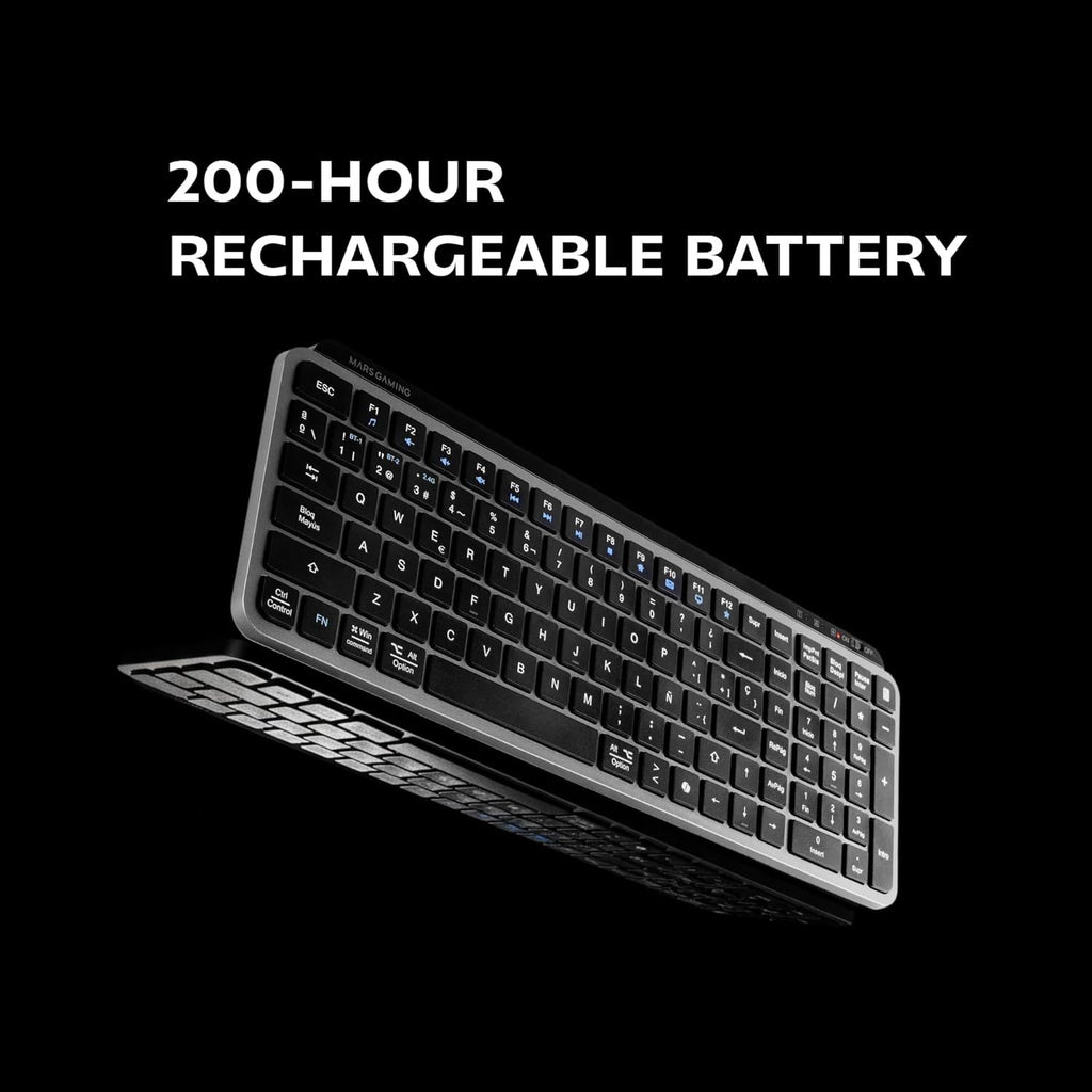 Mars Gaming MK-SILENKEYS, Teclado Inalámbrico Full-Format Compacto, Perfil Bajo, Switches Tijera Silenciosos, Tecla Copilot AI, Bluetooth 5.1 Dual + 2.4GPRO, Batería 200h, PC/Mac, Español, Negro