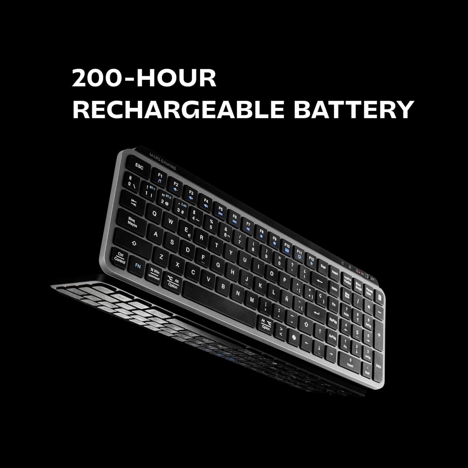 Mars Gaming MK-SILENKEYS, Teclado Inalámbrico Full-Format Compacto, Perfil Bajo, Switches Tijera Silenciosos, Tecla Copilot AI, Bluetooth 5.1 Dual + 2.4GPRO, Batería 200h, PC/Mac, Español, Negro
