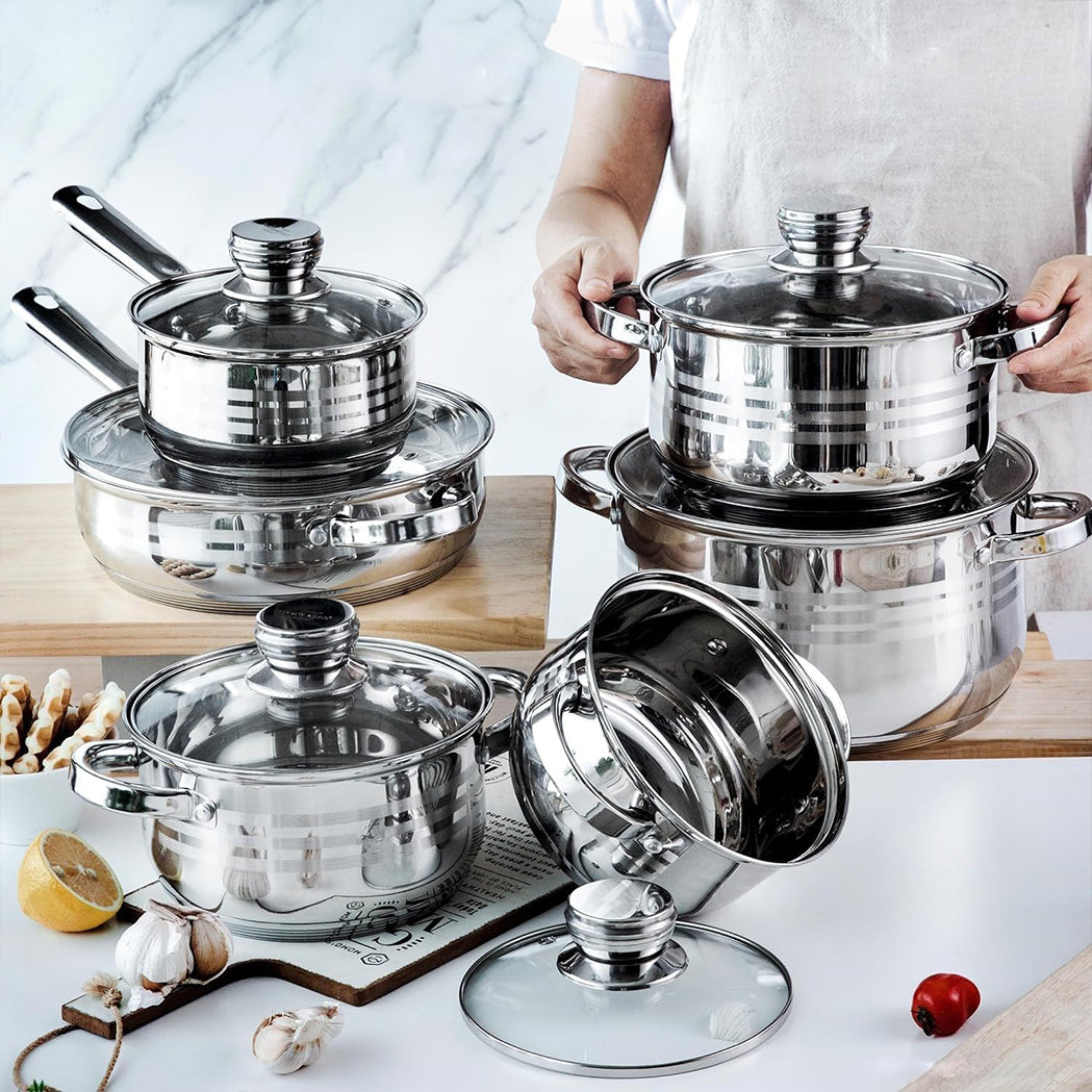 Batería de Cocina 12 Piezas, Juego de Ollas, Cazo y Sartén de Acero Inoxidable, Tapas Incluidas, Apto para Lavavajillas, Apto para Cocina Eléctrica, Gas, Vitrocerámica e Inducción