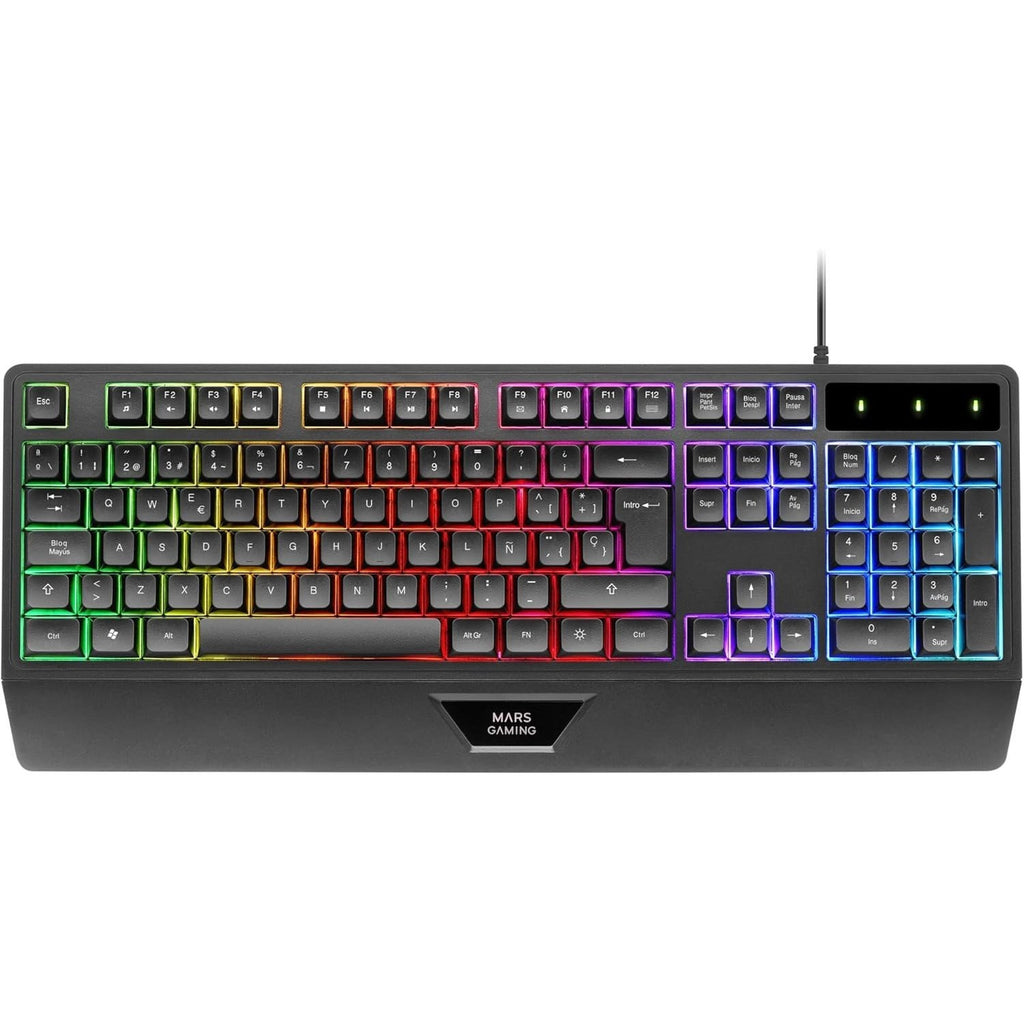 Mars Gaming MK124, Teclado Ergonómico H-Mech, Reposamuñecas Integrado, Iluminación FRGB Rainbow, Teclado Gaming Antighosting Avanzado, Teclado PC Completo Multiplataforma, Idioma Español, Negro