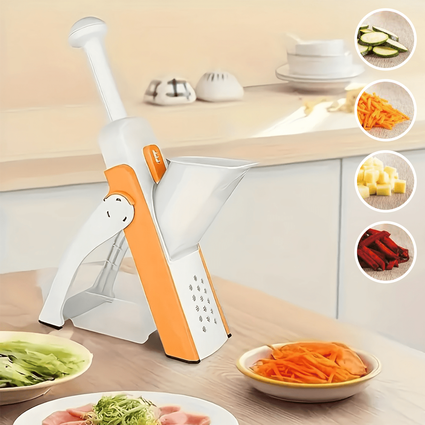 Cortador de Verduras y Patatas, 4 Funciones en 1: Corte en Rodajas, Palitos, Juliana y Cubitos, con Ajuste de Grosor, Cuchillas de Acero Inoxidable, Fácil de Usar y Limpiar, Hecho de Materiales Resistentes, Ahorra Tiempo y Espacio
