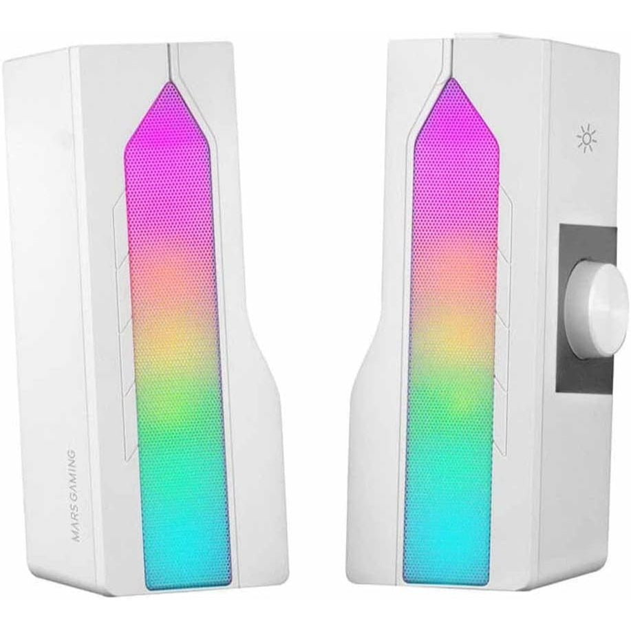 Mars Gaming MSDUO, Barra de Sonido + 2.0 Altavoces Gaming, RGB Mesh, Bluetooth 5.0 y Jack 3.5mm, Sonido DSP 15W, Blanco