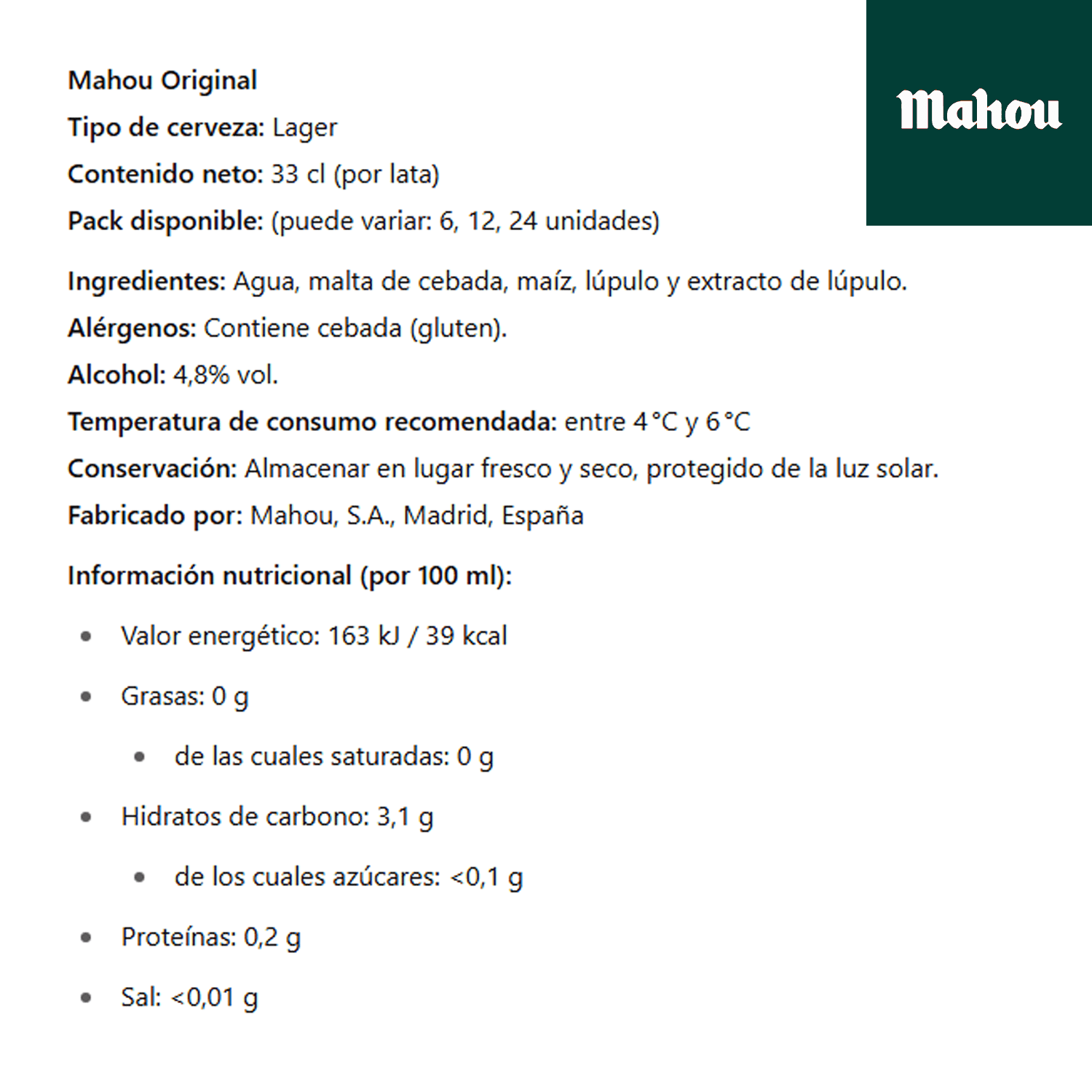 Mahou Clásica, Cerveza 24 Latas de 330ml, Cerveza Dorada Lager, Sabor Suave, 4,8% Volumen de Alcohol